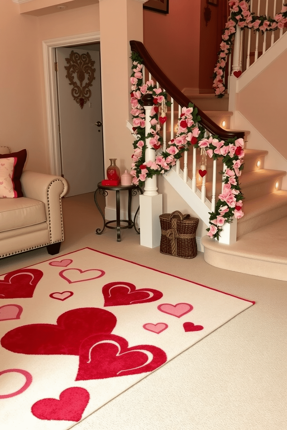 A cozy living space featuring a Valentine's Day themed rug that showcases intricate heart patterns in shades of red and pink. The rug is placed on a soft, neutral-colored carpet, enhancing the romantic atmosphere of the room. An elegant staircase adorned with delicate garlands of faux roses and heart-shaped decorations. Soft, warm lighting highlights the decor, creating a welcoming and festive ambiance for Valentine's Day celebrations.