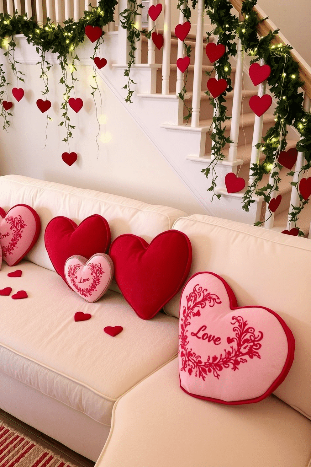 Heart-shaped cushions in vibrant reds and soft pinks are scattered across a plush white sofa, creating a cozy and romantic atmosphere. The cushions feature intricate embroidery with floral patterns, adding a touch of elegance to the living space. The staircase is adorned with cascading garlands of faux greenery and fairy lights, enhancing the festive spirit of Valentine's Day. Along the banister, small heart-shaped decorations hang, complementing the overall theme and inviting guests to feel the love as they ascend.