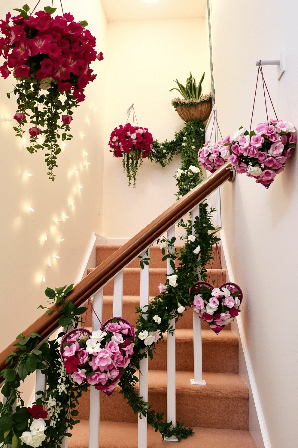 A charming staircase adorned with hanging flower baskets, each filled with vibrant blooms cascading down. The walls are painted a soft cream, and twinkling fairy lights are draped along the railing, creating a warm and inviting atmosphere. For Valentine's Day, the staircase is decorated with heart-shaped garlands intertwined with fresh greenery. Delicate white and pink flowers are arranged in the hanging baskets, adding a romantic touch to the festive decor.