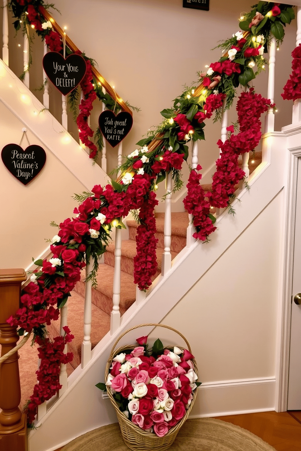 A charming staircase adorned with heart-shaped chalkboard signs, each displaying sweet Valentine's Day messages. The signs are hung at varying heights along the railing, surrounded by cascading greenery and twinkling fairy lights to create a warm and inviting atmosphere. The staircase is further enhanced with plush red and pink garlands draped along the banister, interspersed with delicate white flowers. At the foot of the stairs, a large heart-shaped arrangement of roses sits in a decorative basket, welcoming guests with a romantic touch.