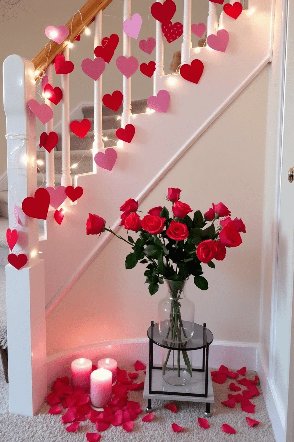 A charming staircase adorned with Valentine's Day themed bunting, featuring heart-shaped cutouts in shades of red and pink. The bunting drapes gracefully along the banister, complemented by soft fairy lights that twinkle gently, creating a romantic ambiance. At the base of the staircase, a decorative arrangement of fresh roses in a glass vase sits on a small table. Surrounding the vase, scattered rose petals and heart-shaped candles enhance the festive atmosphere, inviting warmth and love into the home.