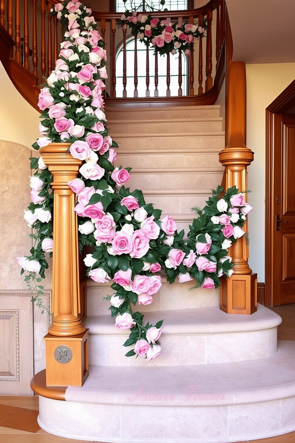 A stunning staircase adorned with a lush silk rose garland that gracefully winds along the banister. The soft hues of the roses complement the elegant wood of the staircase, creating a romantic atmosphere perfect for Valentine's Day celebrations.