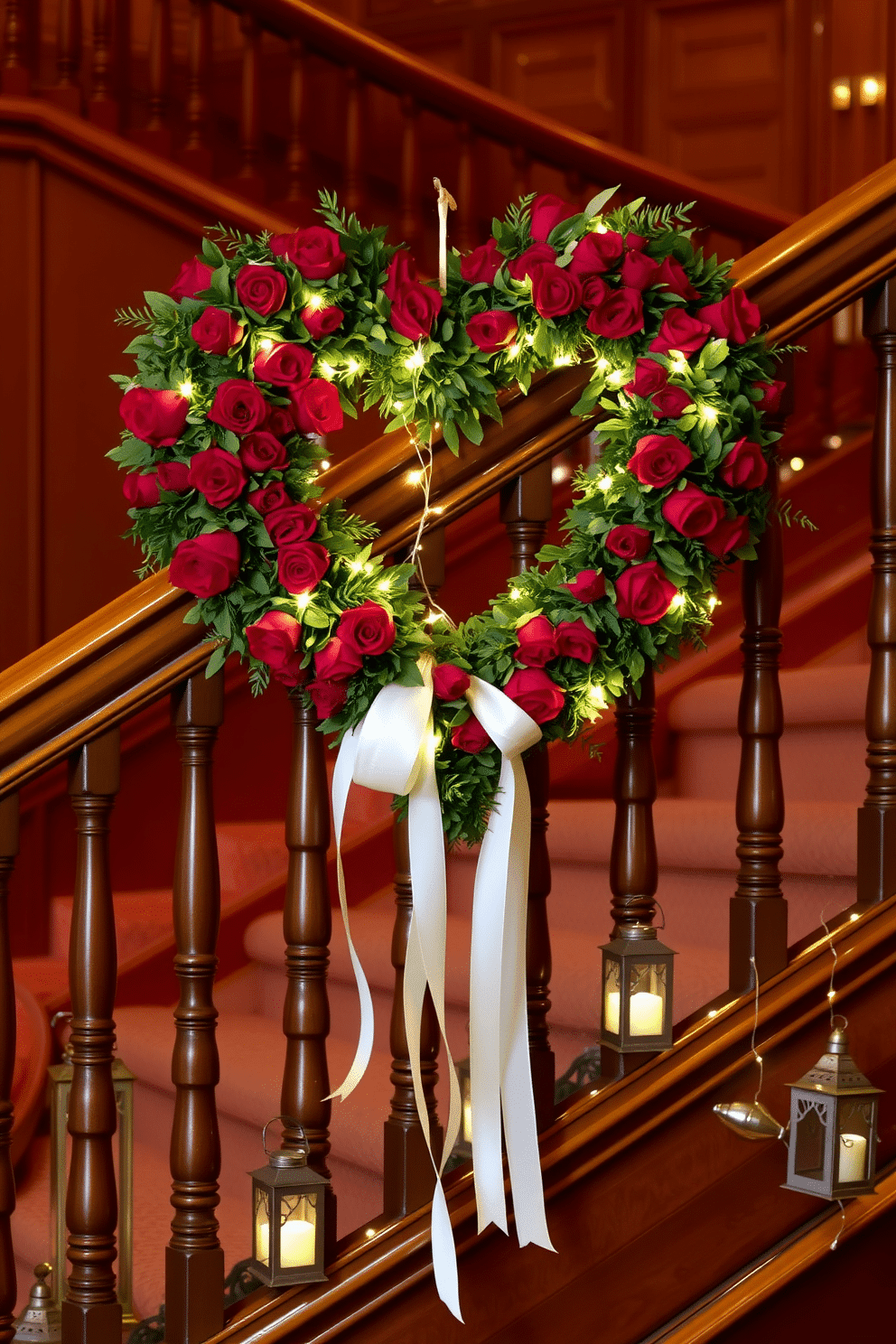 A heart-shaped wreath made of lush red roses and greenery adorns the elegant wooden railing of a grand staircase. Soft twinkling fairy lights are intertwined with the wreath, creating a warm and inviting atmosphere for Valentine's Day. Delicate white ribbons cascade from the wreath, adding a touch of romance to the decor. The staircase is lined with small, decorative lanterns that emit a gentle glow, enhancing the festive charm of the setting.