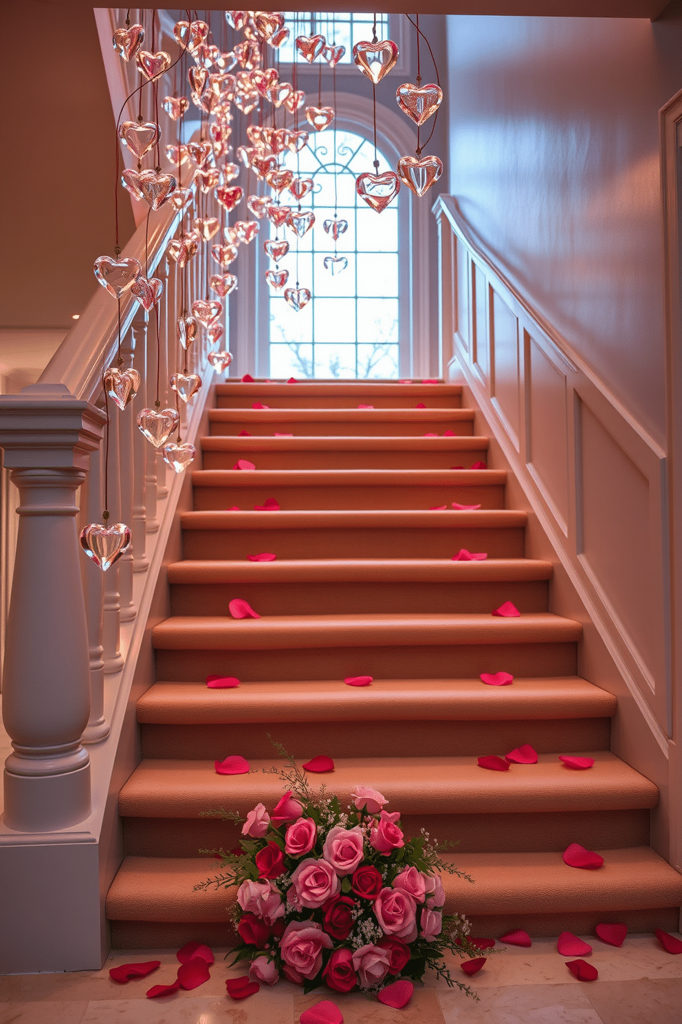 A stunning staircase adorned with heart-shaped crystal ornaments that catch the light beautifully. The ornaments are delicately hung from the banister, creating a romantic atmosphere perfect for Valentine's Day. Soft, warm lighting enhances the elegance of the staircase, while scattered rose petals lead the way up. At the base, a charming arrangement of fresh flowers complements the decor, adding a touch of natural beauty to the setting.