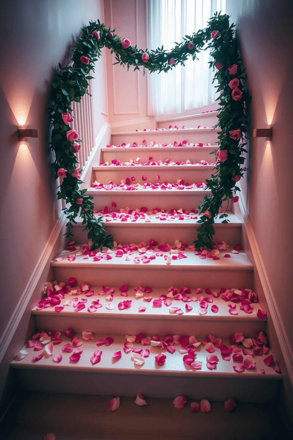 A romantic staircase adorned with scattered rose petals on each step, creating a whimsical and inviting atmosphere. Soft, warm lighting enhances the beauty of the petals, while elegant garlands of greenery weave along the handrail to complement the Valentine's Day theme.