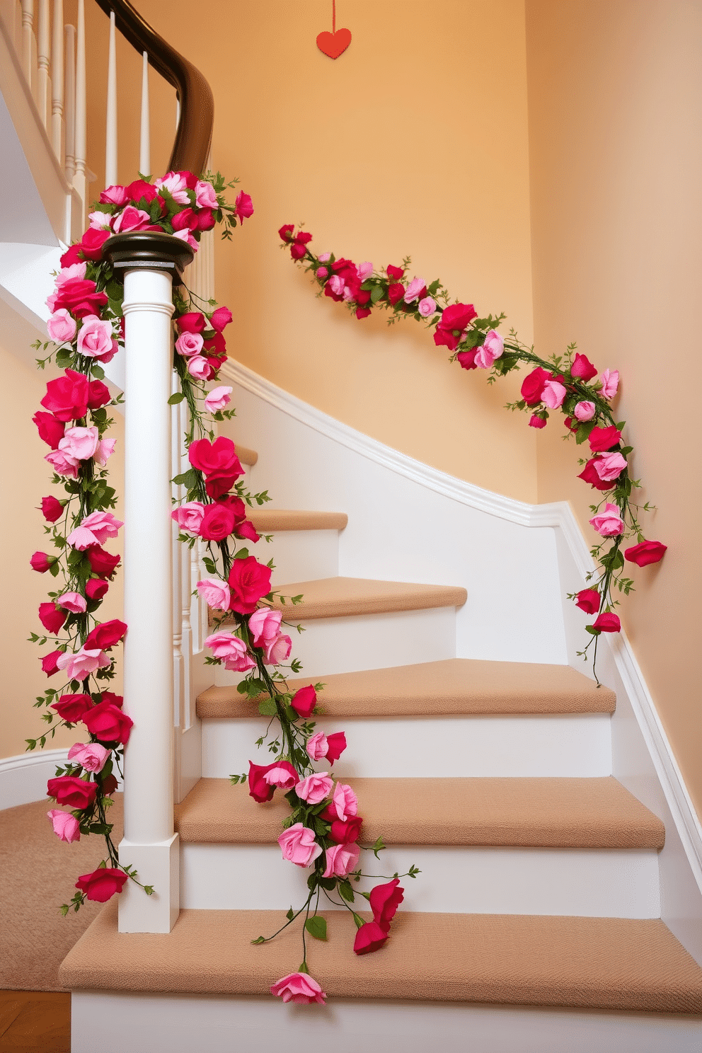 A charming staircase adorned with a floral garland featuring heart accents cascades gracefully down the banister. The vibrant blooms in shades of pink and red are intertwined with delicate greenery, creating a romantic atmosphere perfect for Valentine's Day.