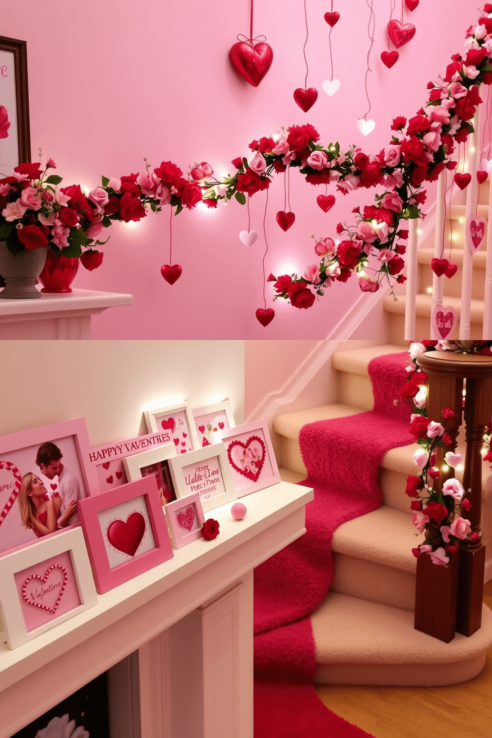 A collection of Valentine-themed photo frames arranged on a mantelpiece, showcasing various romantic photographs in shades of red and pink. Each frame features intricate designs, including hearts and floral motifs, creating a cohesive and festive display. A beautifully decorated staircase adorned with garlands of red and pink flowers intertwined with twinkling fairy lights. Heart-shaped ornaments dangle from the banister, while soft, plush runner rugs in Valentine colors add warmth and charm to each step.