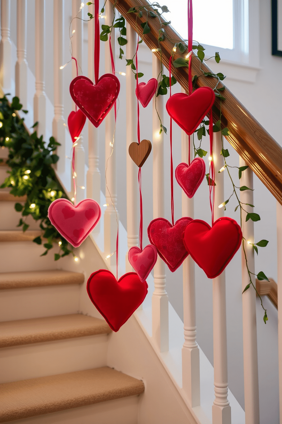 A charming staircase adorned with hanging heart ornaments creates a festive atmosphere for Valentine's Day. The hearts are crafted from various materials, including felt and wood, and are suspended at different heights to add visual interest. Delicate fairy lights intertwine with the heart ornaments, casting a warm glow throughout the space. The staircase railing is draped with lush greenery, complementing the romantic theme and enhancing the overall decor.