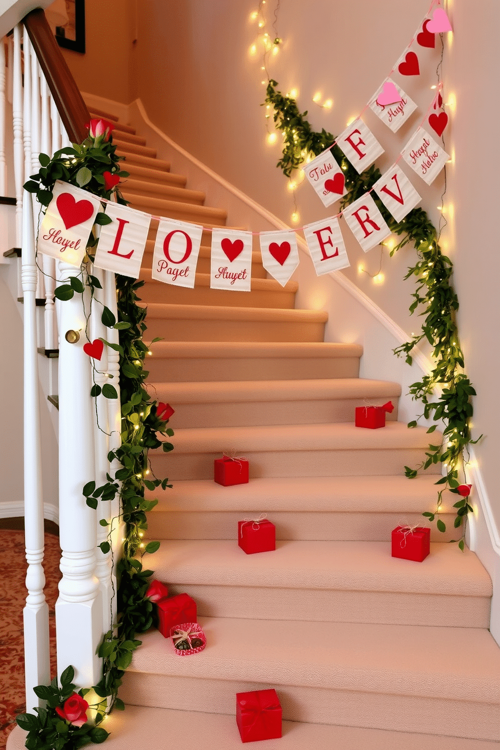 A whimsical love letter banner drapes gracefully across the staircase, adorned with delicate red and pink hearts. Each letter is crafted from textured paper, featuring elegant calligraphy that spells out sweet messages of affection. The staircase is enhanced with soft, twinkling fairy lights intertwined with lush greenery, creating a romantic atmosphere. On each step, small decorative boxes filled with chocolates and roses invite guests to indulge in the spirit of Valentine's Day.