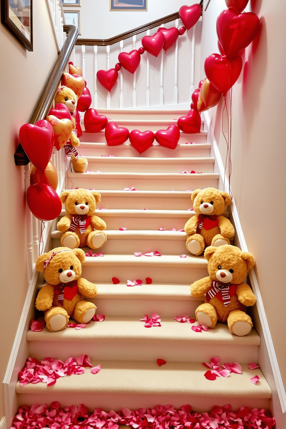 A charming staircase adorned with plush teddy bears, each one dressed in festive Valentine's Day attire, creates a whimsical and inviting atmosphere. The steps are decorated with soft pink and red rose petals, leading up to a beautifully arranged garland of heart-shaped balloons draped along the banister.