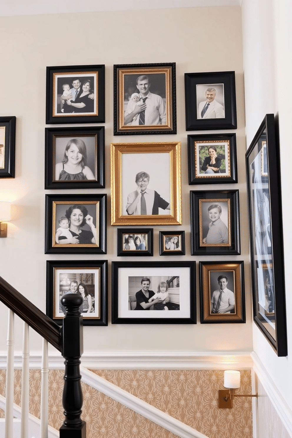 A gallery wall adorned with a curated collection of family photos in various sizes, framed in elegant black and gold frames. The arrangement is artfully asymmetrical, creating a dynamic visual interest that draws the eye along the staircase. The staircase wall features a stunning design with a combination of textured wallpaper and strategically placed sconces. Soft, ambient lighting highlights the artwork and photographs, enhancing the overall warmth and charm of the space.