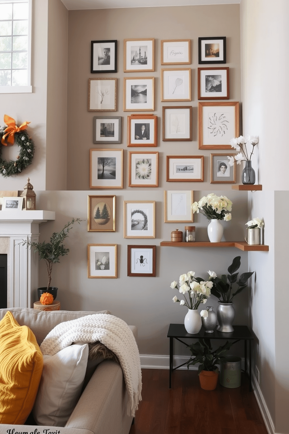 A cozy living room adorned with seasonal decor that changes throughout the year. In the fall, vibrant orange and yellow accents are complemented by plush throw pillows and a warm, knitted blanket draped over the sofa. For winter, soft white and silver decorations create a serene atmosphere, with a festive wreath hanging above the mantel and twinkling lights strung along the windows. In spring, fresh flowers in pastel hues are arranged in elegant vases, bringing a sense of renewal and brightness to the space. A staircase wall featuring a gallery of framed artwork that showcases a mix of styles and colors. Each frame is uniquely designed, creating an eclectic yet harmonious display that draws the eye upward. Incorporating floating shelves along the staircase wall allows for decorative accents and plants to be showcased. The combination of artwork and greenery adds depth and personality to the otherwise blank space, making the staircase a focal point of the home.