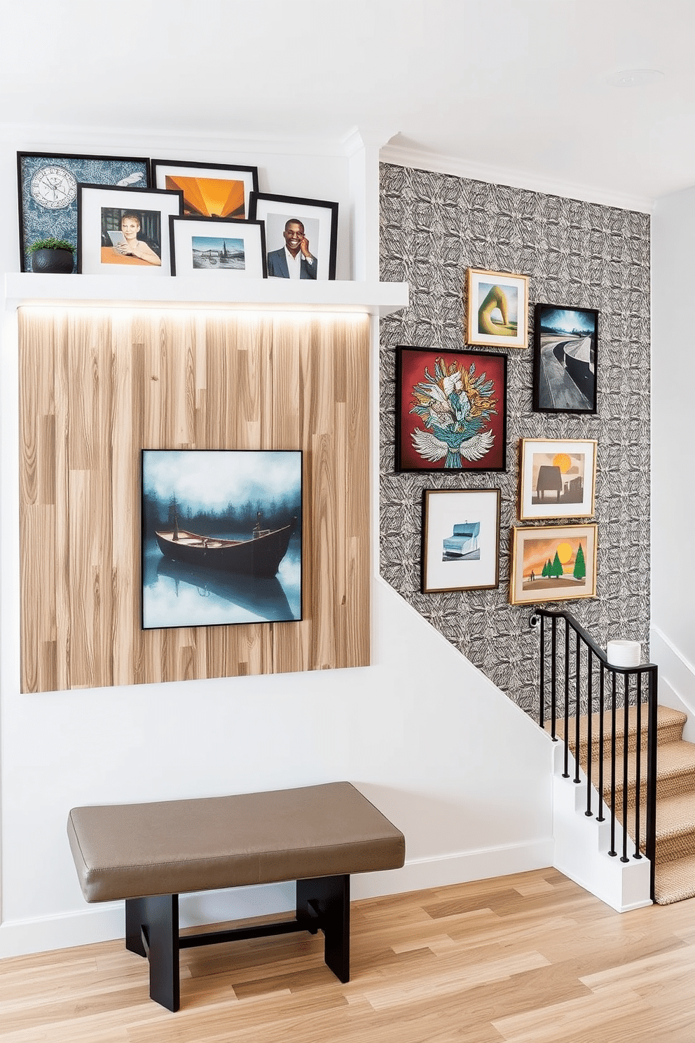 A modern gallery ledge runs along the wall, showcasing a curated collection of art pieces that can be easily swapped out. Below, a sleek bench provides a comfortable spot for viewing the artwork, while the wall is painted in a soft white to enhance the colors of the art. The staircase wall features a dynamic design with a mix of textures, including wood paneling and geometric wallpaper. Accent lighting highlights the artwork displayed along the staircase, creating a visually striking focal point as you ascend.