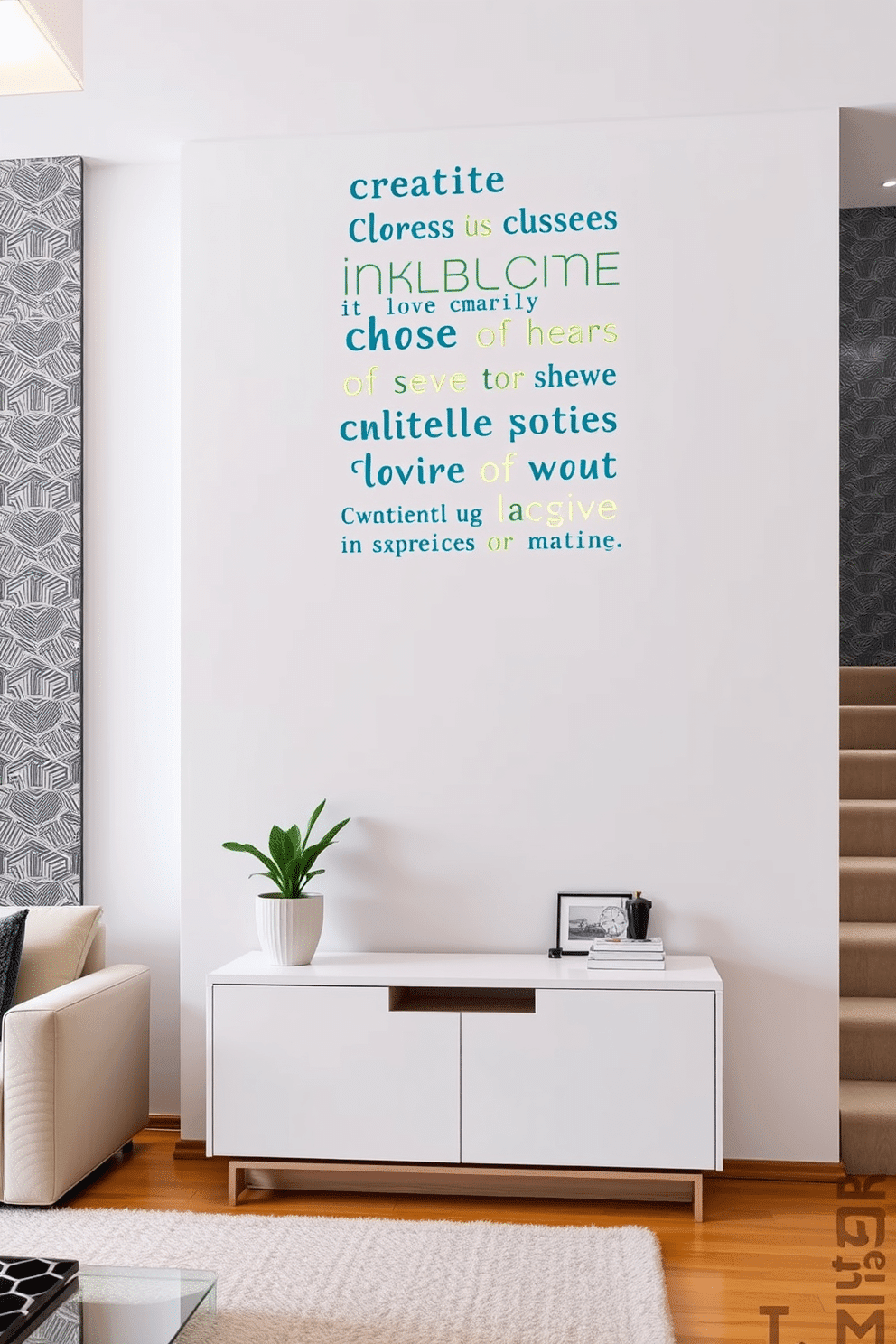 A vibrant motivational quote wall decal in a modern font adorns the living room, featuring phrases that inspire creativity and positivity. The decal is positioned above a sleek console table, complemented by a stylish potted plant and contemporary art pieces. A stunning staircase wall design showcases a blend of textures, combining wood paneling with elegant wallpaper featuring geometric patterns. Soft, ambient lighting highlights the unique design, creating a warm and inviting atmosphere as you ascend the stairs.