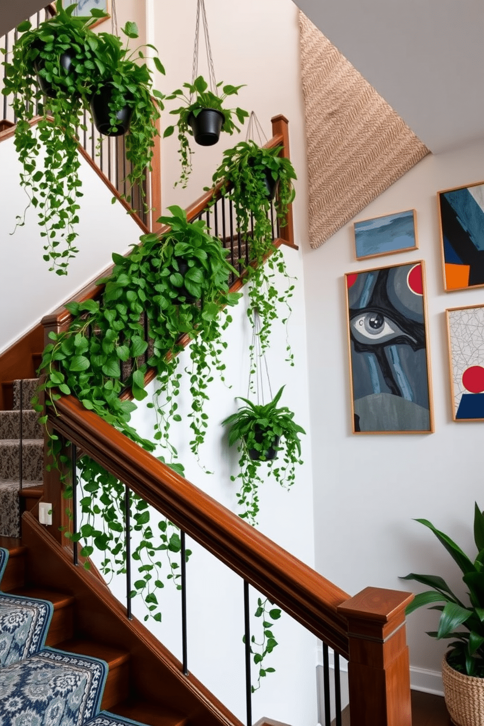 A stunning staircase adorned with cascading plants creates a vibrant focal point in the home. Lush greenery spills elegantly from hanging planters, softening the lines of the staircase and inviting nature indoors. The staircase wall features a unique design that combines textured panels with artwork. Bold colors and patterns in the decor enhance the visual interest, making the ascent a delightful experience.