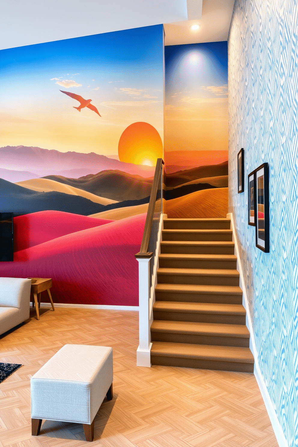 Artistic wall mural for a unique look. Imagine a vibrant mural depicting a serene landscape, featuring rolling hills and a sunset, blending warm and cool tones to create an inviting atmosphere. The mural covers the entire wall, serving as a stunning focal point in the room, complemented by minimalist furniture that allows the artwork to shine. Staircase wall design ideas. Envision a staircase adorned with a geometric pattern wallpaper that adds depth and interest, creating a striking visual as you ascend. The walls are accented with framed artwork and soft lighting to enhance the ambiance, making the staircase a stylish transition between spaces.