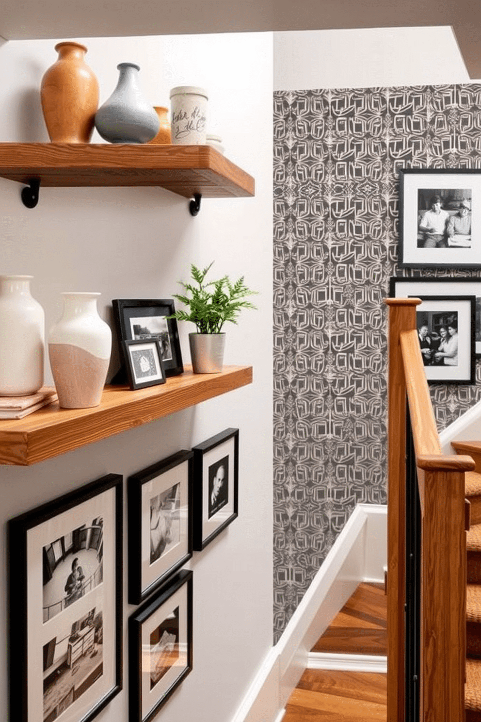 Floating shelves with curated decor pieces. The shelves are made of reclaimed wood, displaying a mix of ceramic vases, framed photographs, and a few potted plants. Staircase wall design ideas. The wall features a bold geometric wallpaper that complements the natural wood of the staircase, accented by a series of black and white art pieces in sleek frames.