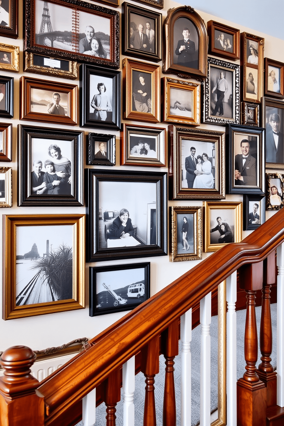 A stunning staircase wall adorned with vintage frames creates a timeless appeal. The frames, varying in size and finish, showcase cherished family photos and art pieces, adding character and warmth to the space. The staircase itself features elegant woodwork, with a polished banister that complements the vintage theme. Soft, ambient lighting highlights the framed displays, inviting guests to pause and admire the curated collection.