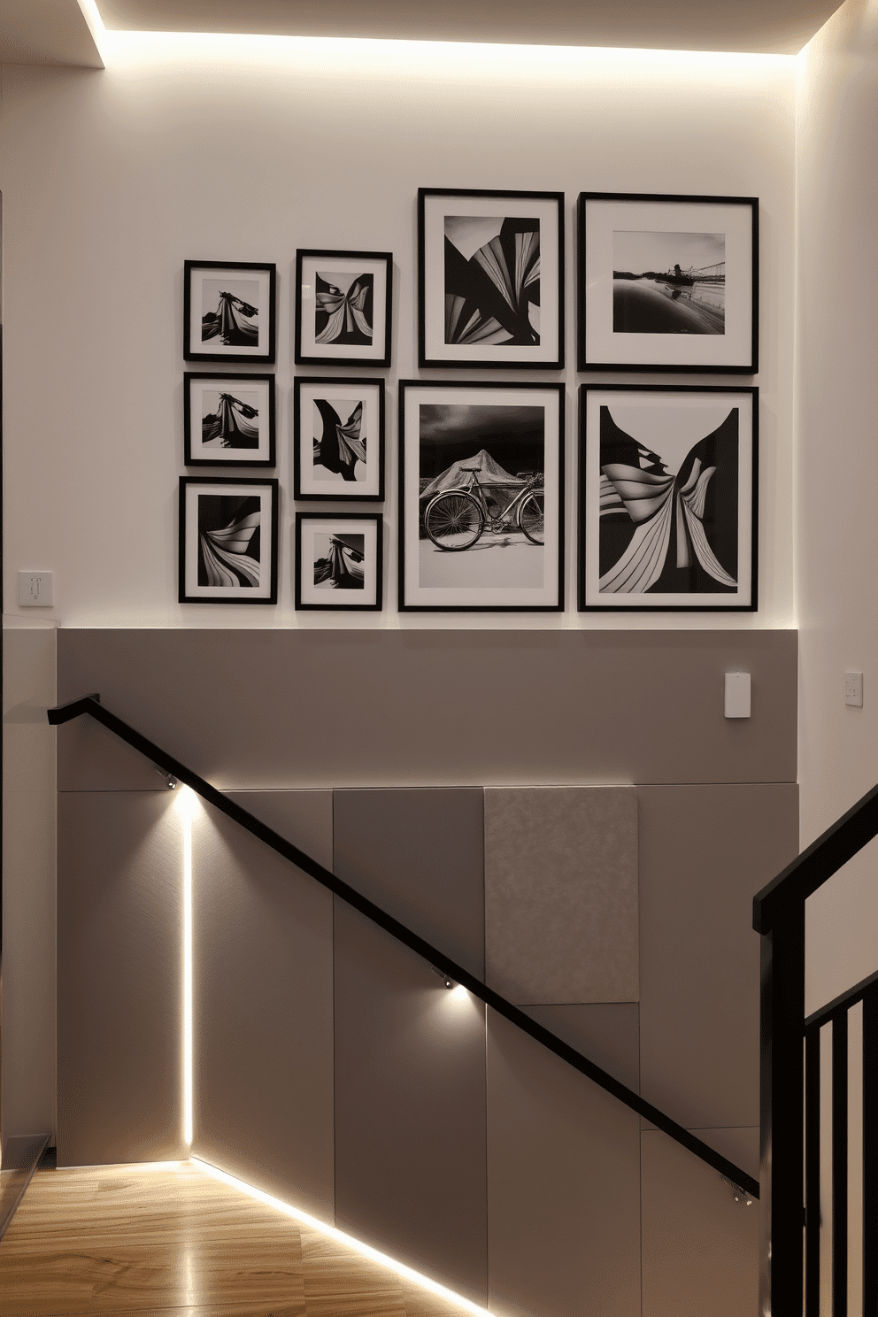 A striking monochrome art display graces the wall, featuring an array of black and white prints in sleek frames. The artwork is arranged in a gallery style, creating a focal point that enhances the modern elegance of the space. The staircase wall is adorned with textured panels in varying shades of gray, adding depth and interest. Soft LED lighting highlights the design, casting gentle shadows and creating an inviting atmosphere as you ascend.