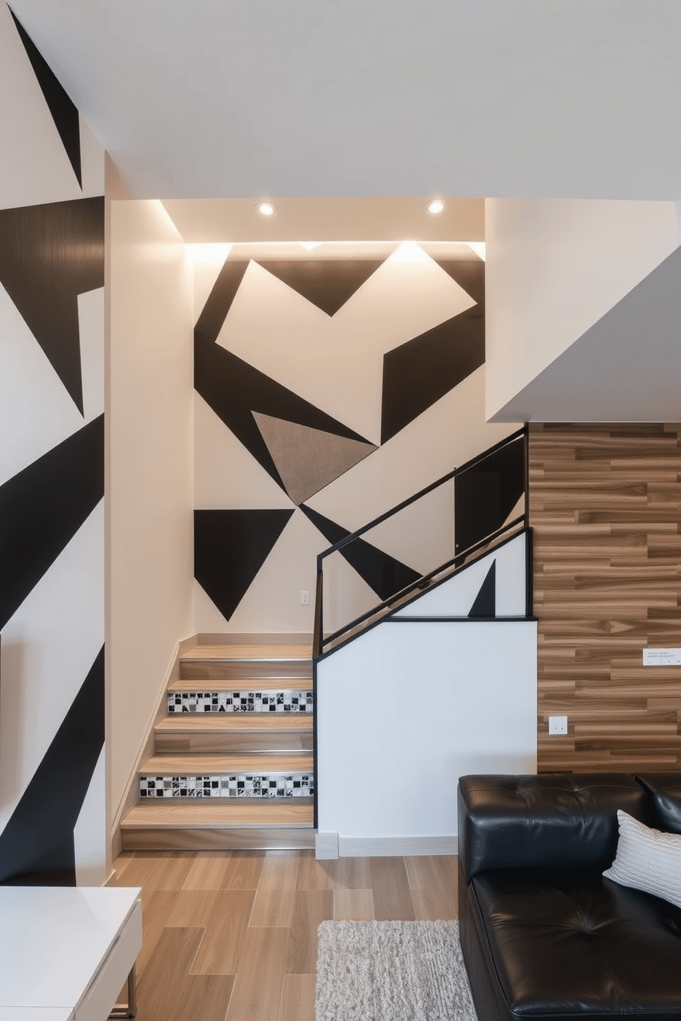 A contemporary living space featuring geometric patterns that create a dynamic visual impact. The walls are adorned with bold, angular shapes in a palette of monochromatic colors, complemented by sleek furniture that enhances the modern aesthetic. A staircase showcasing innovative wall design ideas, incorporating a mix of textures and materials. The walls are lined with a combination of wood paneling and decorative tiles, creating an inviting and stylish focal point that draws the eye upward.