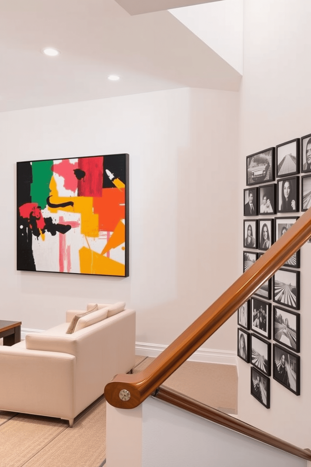 A large statement art piece dominates the wall, featuring vibrant colors and abstract shapes that draw the eye and create a focal point in the room. The surrounding space is minimalist, allowing the artwork to shine, with neutral-toned furniture and soft lighting that enhances its impact. The staircase wall is adorned with a series of framed black-and-white photographs, creating a gallery-like effect that adds character and warmth. Complementing the photos, a sleek handrail in polished wood runs alongside, harmonizing with the overall design and inviting guests to explore the space.