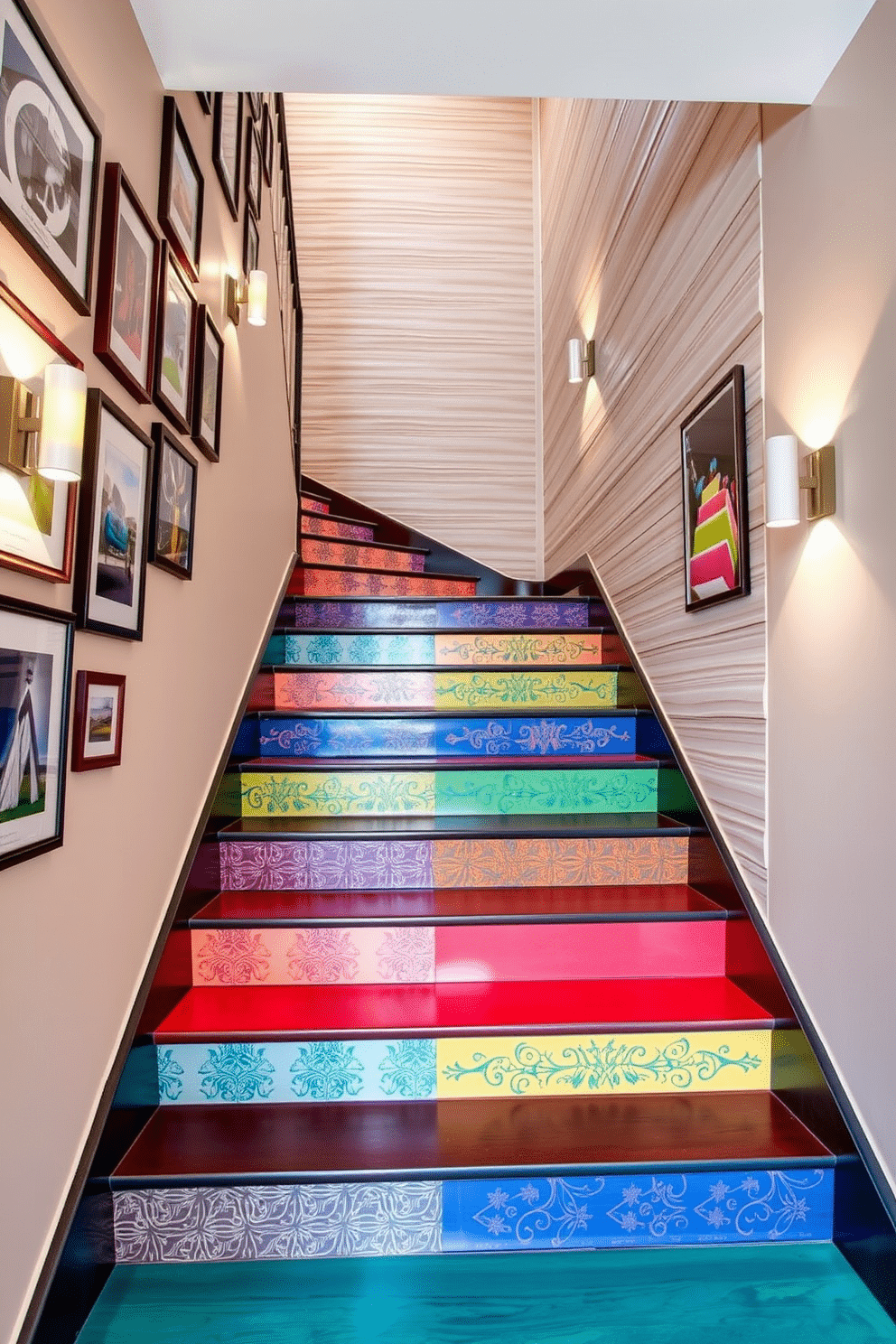 A vibrant staircase features painted risers in a mix of bold colors and intricate patterns, creating a stunning visual impact as one ascends or descends. The surrounding walls are adorned with a gallery of framed artwork, complementing the playful design while adding an artistic touch to the overall ambiance. The staircase wall showcases a modern design with textured paneling in a soft neutral tone, providing a sophisticated backdrop. Accentuated by strategically placed sconces, the lighting enhances the wall's features, creating a warm and inviting atmosphere.