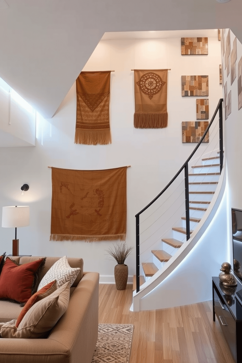 A cozy living room featuring fabric wall hangings that add softness and warmth to the space. The hangings are in rich, textured fabrics with warm earth tones, creating an inviting atmosphere that complements the plush furniture. A modern staircase adorned with creative wall design ideas. The walls are painted in a crisp white, accented with geometric patterns in muted colors, while sleek LED lighting highlights the staircase's elegant curves.