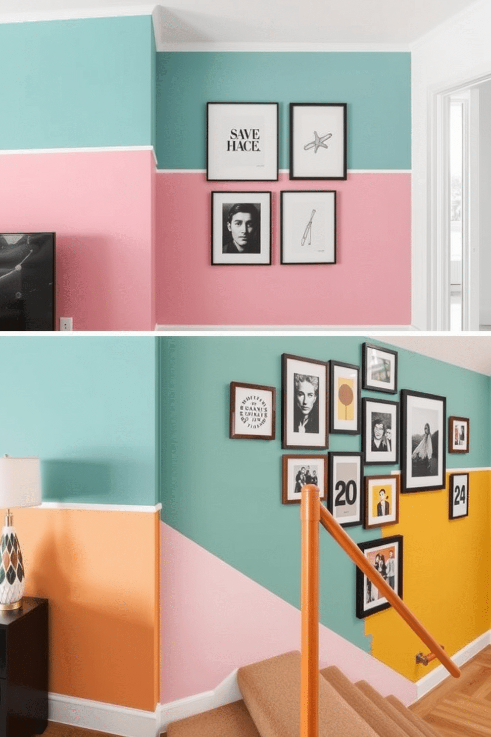 A vibrant color-blocked wall creates a playful twist in the living space, featuring bold hues of teal, mustard yellow, and soft pink. The design is complemented by minimalist decor that enhances the cheerful atmosphere without overwhelming the visual impact. For the staircase wall design, consider a striking gallery of framed art pieces that draw the eye upward, paired with a sleek handrail in a contrasting color. The wall can also incorporate built-in lighting to highlight the artwork and create an inviting ambiance.