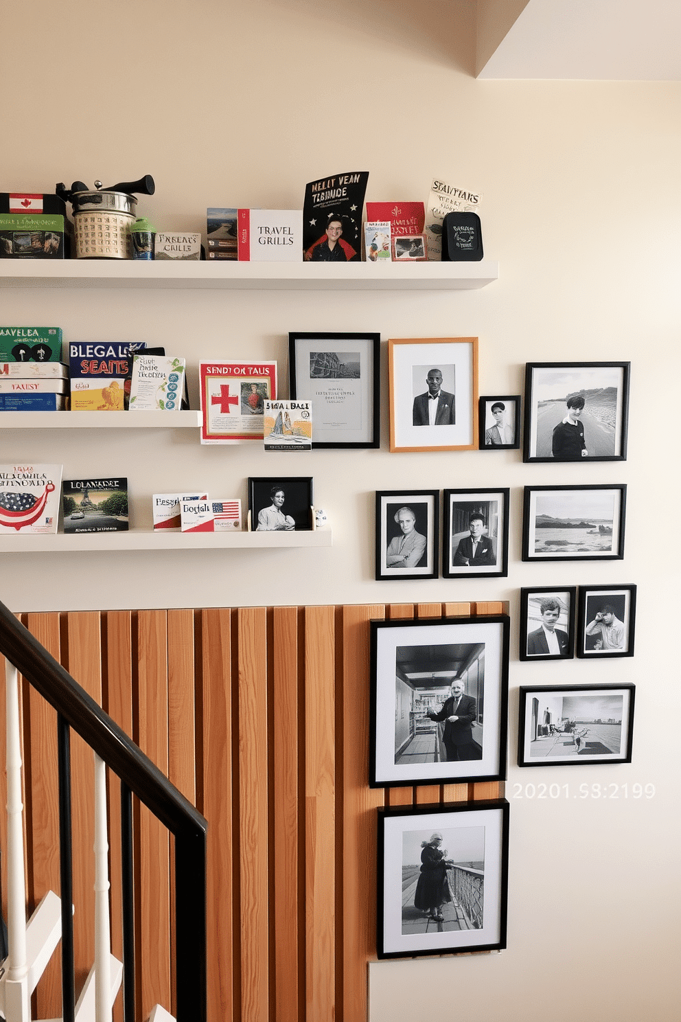 A curated travel memorabilia display that showcases a variety of souvenirs from different countries, artfully arranged on floating shelves. The backdrop features a soft, neutral paint color to enhance the visual impact of the items, with framed photographs and postcards interspersed among the memorabilia for a personal touch. A stylish staircase wall design that incorporates a series of vertical wooden slats, creating a modern and inviting atmosphere. Complementing the slats, a gallery of black-and-white photographs is displayed in sleek frames, adding a touch of elegance and character to the space.