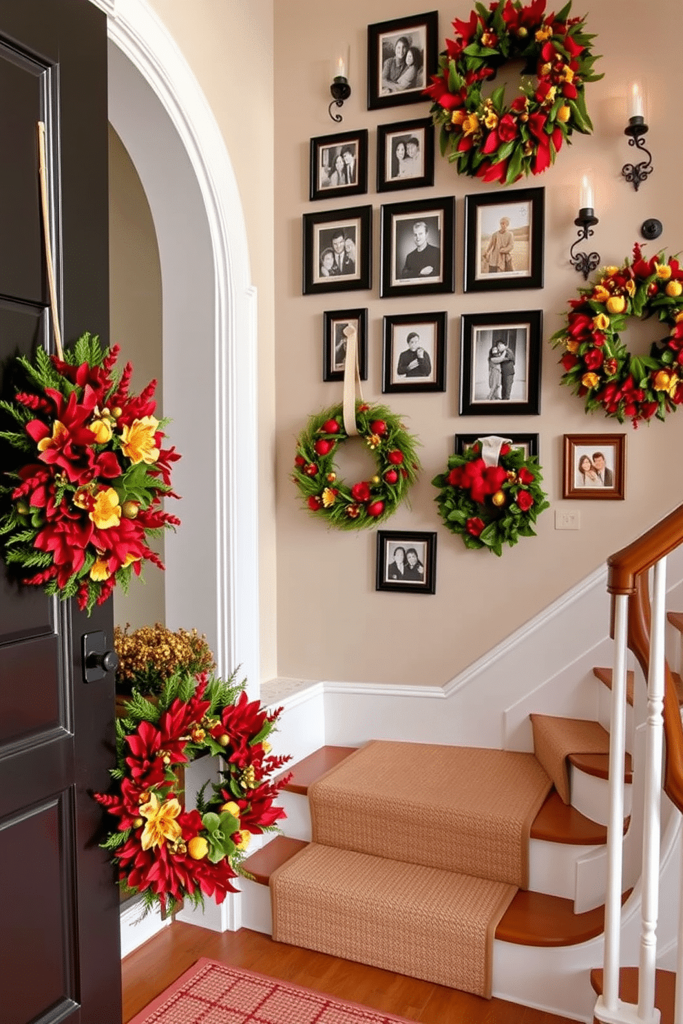 A collection of seasonal wreaths adorns the front door, each crafted from vibrant foliage and seasonal flowers, creating a warm and inviting entrance. The wreaths vary in size and color, showcasing rich reds, greens, and golds that evoke a festive charm. The staircase wall is an elegant display of art and texture, featuring a gallery of framed family photos interspersed with decorative wall sconces. The paint is a soft, neutral tone that allows the artwork to pop, while a textured runner adds warmth and style to each step.