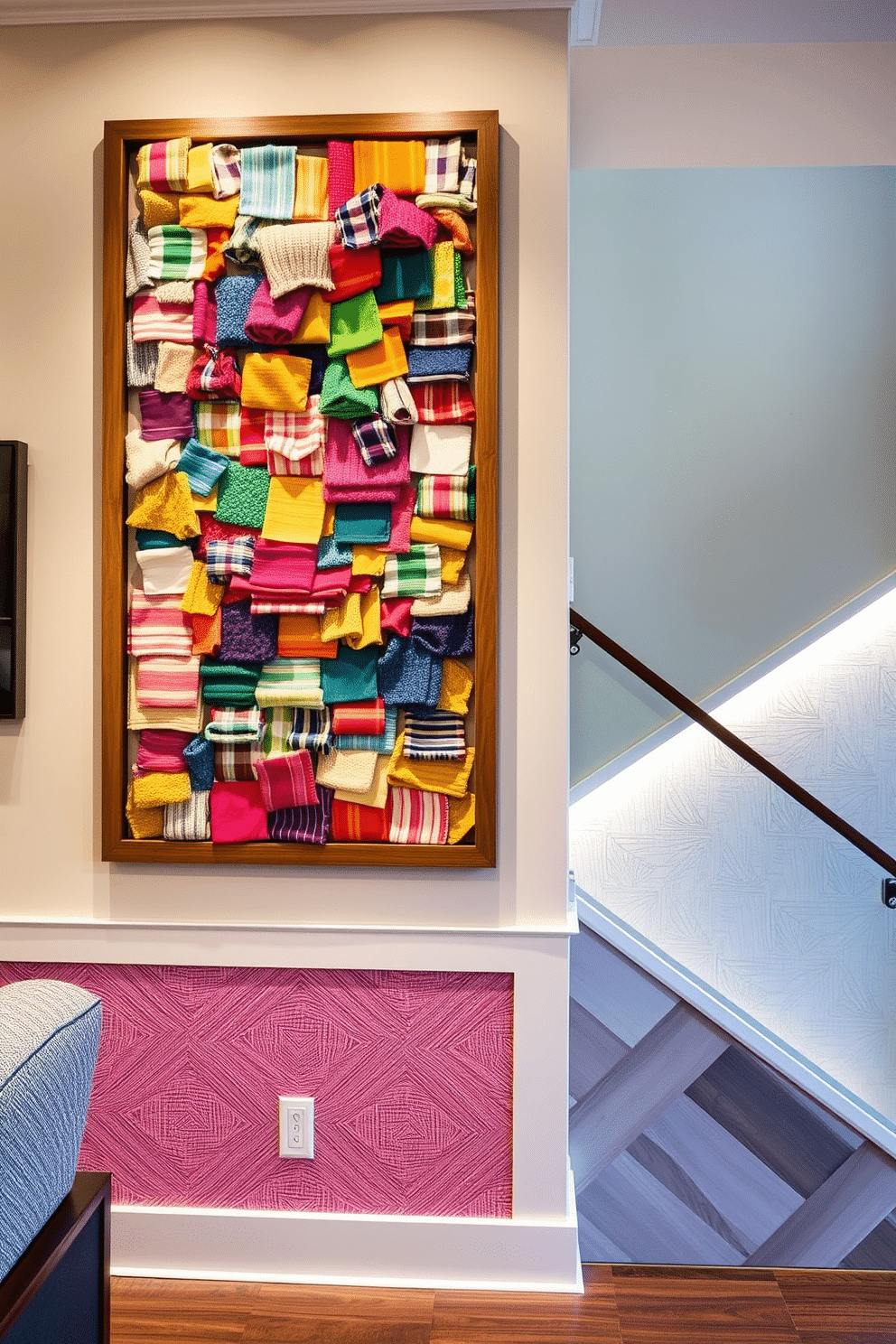 A vibrant textile wall art installation features an array of colorful fabrics in varying textures, creating a striking focal point in the room. The artwork is framed with a sleek wooden border, enhancing the visual depth while complementing the surrounding decor. For the staircase wall design, a combination of geometric patterns and soft colors adds a modern touch to the space. Accent lighting highlights the unique textures, making the staircase an inviting and stylish transition between levels.