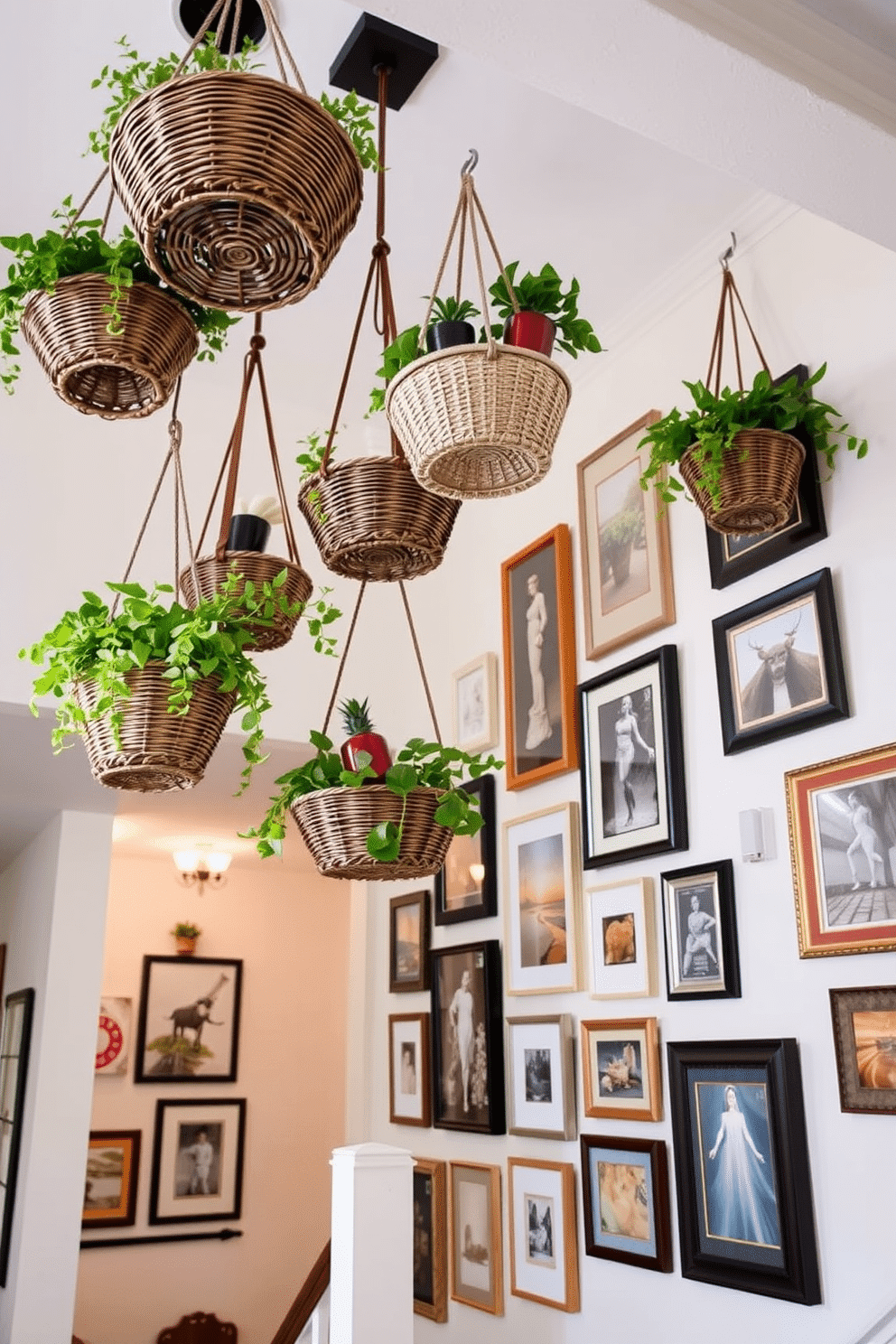 A collection of hanging baskets filled with vibrant greenery and decorative items is suspended from the ceiling, creating an inviting and functional decor element. The natural textures of the baskets contrast beautifully with the clean lines of the surrounding space, adding depth and warmth. The staircase wall features a stunning gallery of framed artwork, arranged in a cohesive layout that draws the eye upward. Complementary colors and styles in the frames enhance the overall aesthetic, making the staircase a focal point of the home.