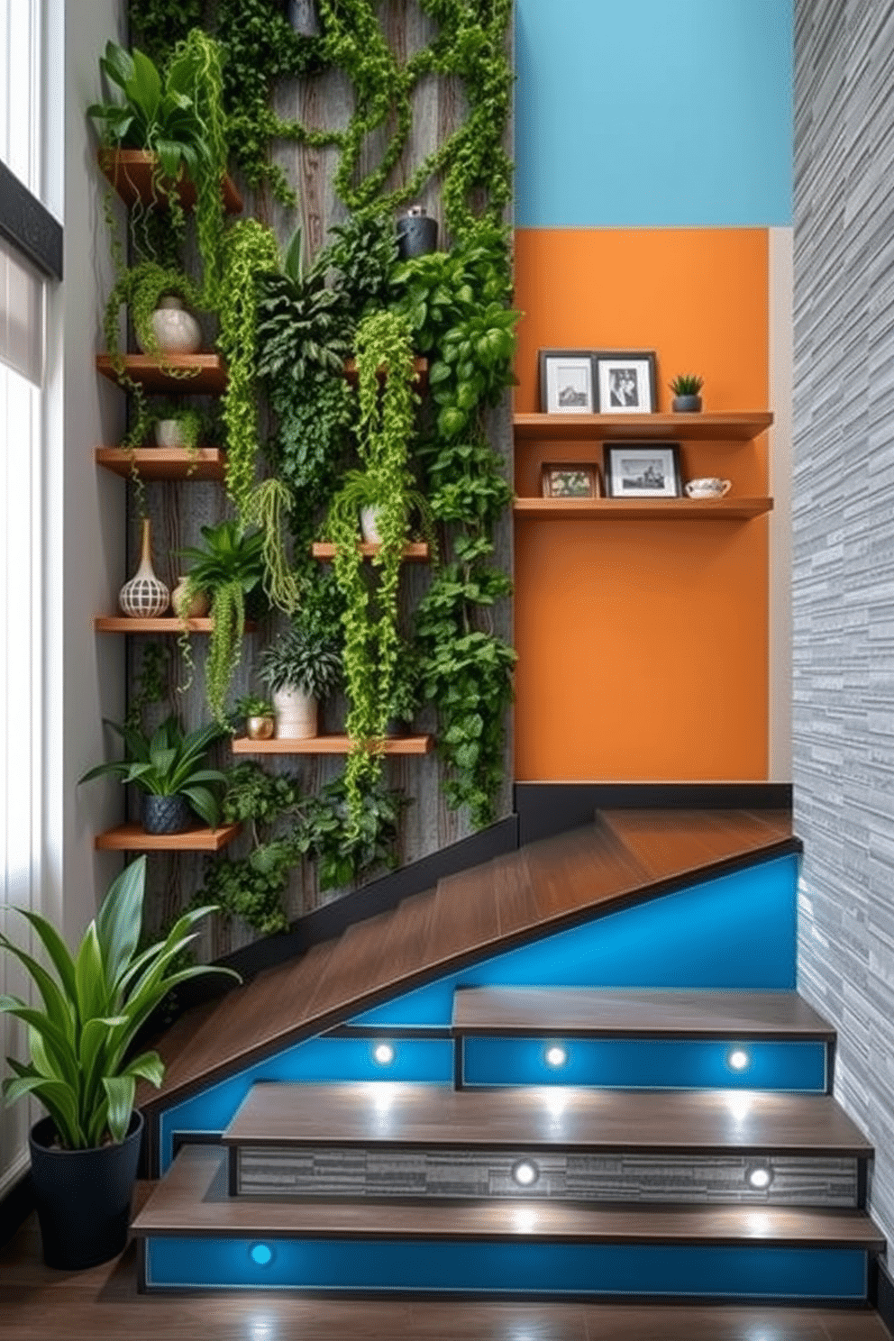 A vertical garden filled with lush greenery accents creates a vibrant focal point in the room. The wall is adorned with various plants cascading down, complemented by wooden shelves that hold decorative pots and art pieces. The staircase features a striking wall design that combines textured panels with a bold color palette. Each step is illuminated by subtle LED lighting, enhancing the modern aesthetic while providing safety and style.