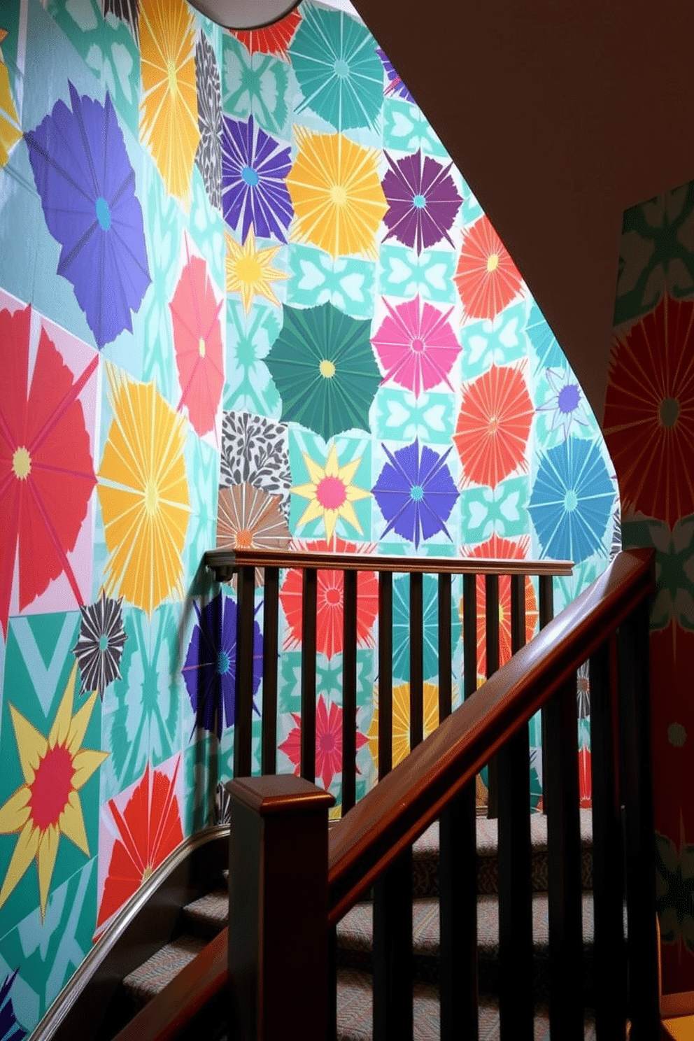 A lively staircase adorned with colorful wallpaper that features bold geometric patterns. The vibrant hues create an energetic atmosphere, enhancing the visual appeal of the space. The staircase itself is framed by a sleek wooden railing, contrasting beautifully with the dynamic wallpaper. Soft lighting illuminates the area, highlighting the intricate details of the design while providing a welcoming ambiance.