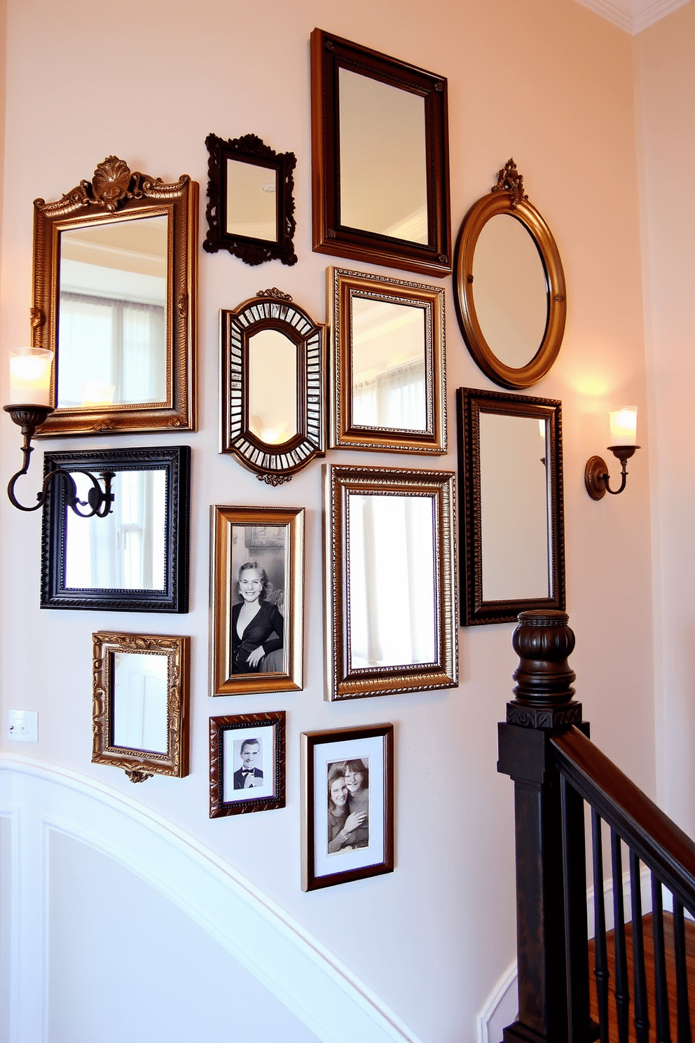 A stunning staircase wall adorned with framed mirrors that reflect light beautifully, creating an illusion of spaciousness and elegance. Each mirror features a unique frame, blending classic and modern styles, enhancing the overall aesthetic of the staircase. The wall is painted in a soft, neutral tone to complement the mirrors, while decorative sconces flank the mirrors, providing warm illumination. A collection of artwork or family photos can be displayed alongside the mirrors, adding a personal touch to the design.