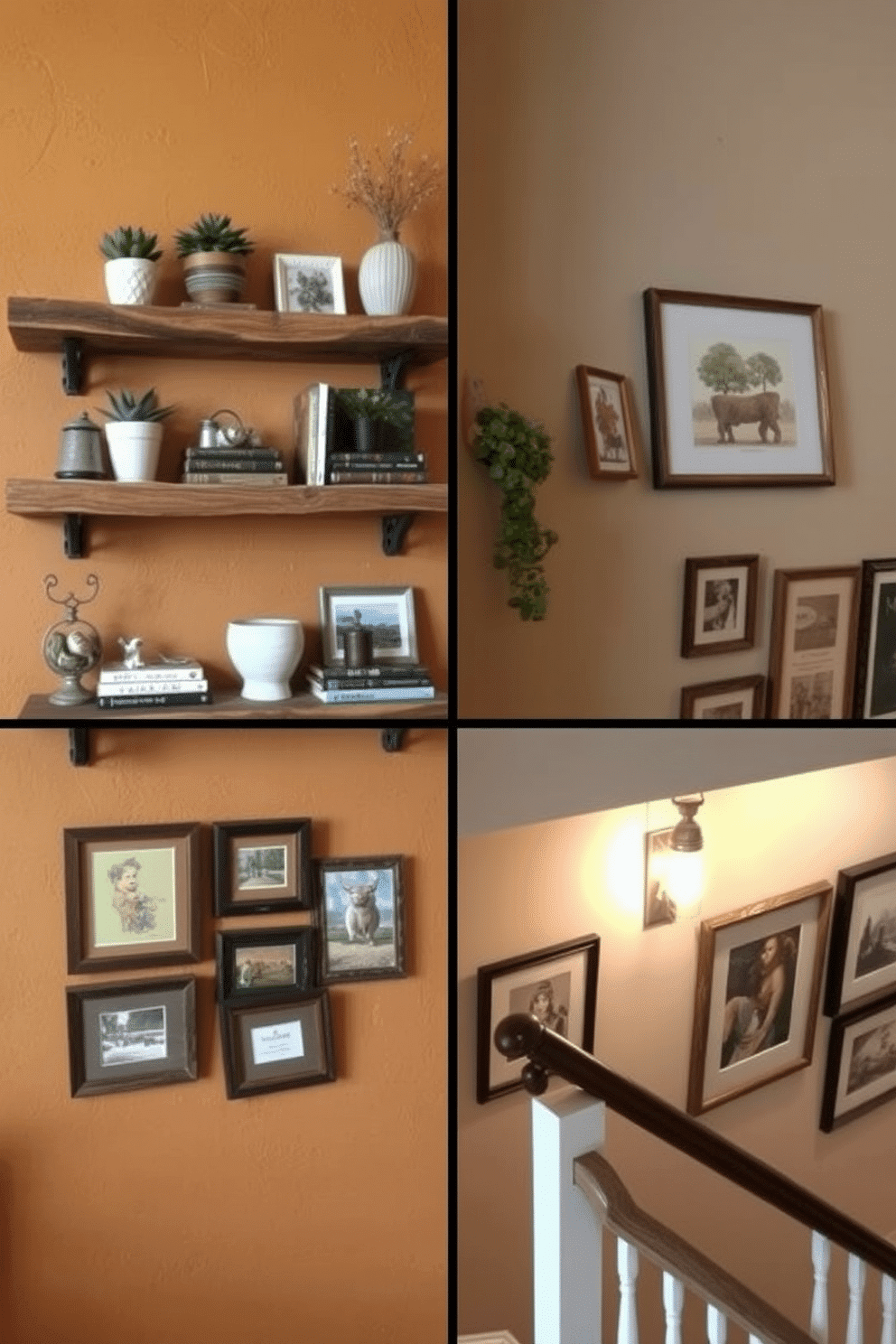 A cozy living space features rustic wooden shelves made from reclaimed wood, displaying an array of decorative items such as potted plants, books, and vintage trinkets. The shelves are mounted against a warm, textured wall that enhances the natural beauty of the wood and creates an inviting atmosphere. The staircase wall is adorned with a series of framed art pieces that complement the overall decor style, creating a gallery-like effect. Soft, ambient lighting highlights the artwork, while a neutral color palette on the wall adds depth and sophistication to the space.