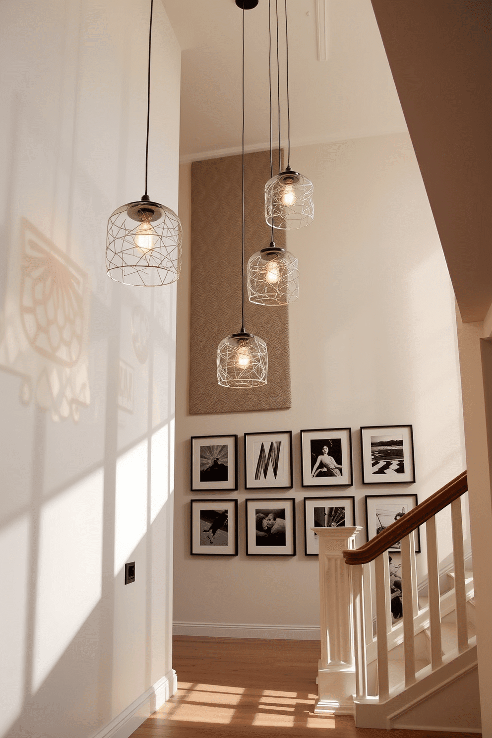 A stunning entryway featuring hanging pendant lights that create a dramatic effect. The lights are crafted from glass and metal, casting intricate shadows on the walls and illuminating the space with a warm glow. A beautifully designed staircase wall showcases a combination of textured panels and artwork. The wall is painted in a soft, neutral tone, with a series of framed black-and-white photographs arranged in an elegant gallery style.