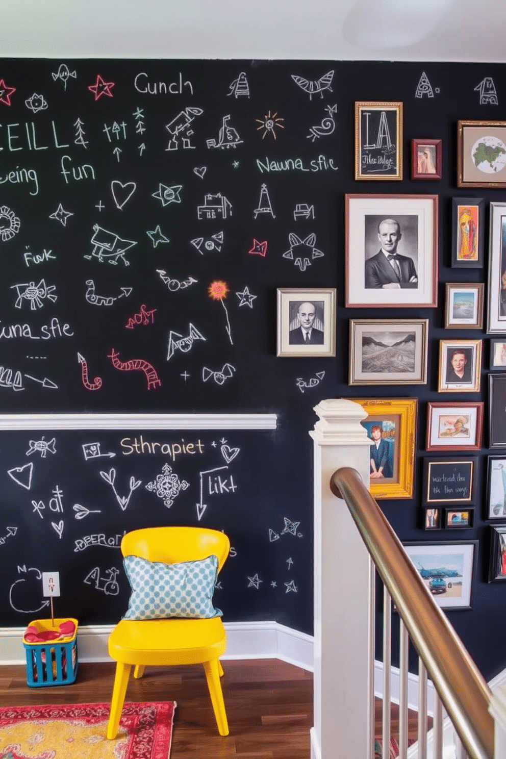 A chalkboard wall adorned with colorful chalk drawings creates an inviting atmosphere for creativity and fun. The space is complemented by vibrant furniture pieces, such as a bright yellow chair and a playful rug, adding energy and personality. The staircase wall features a stunning gallery of framed artwork, showcasing a mix of modern and classic styles. Soft, warm lighting highlights the artwork, while a sleek handrail in a contrasting finish adds a touch of elegance to the design.