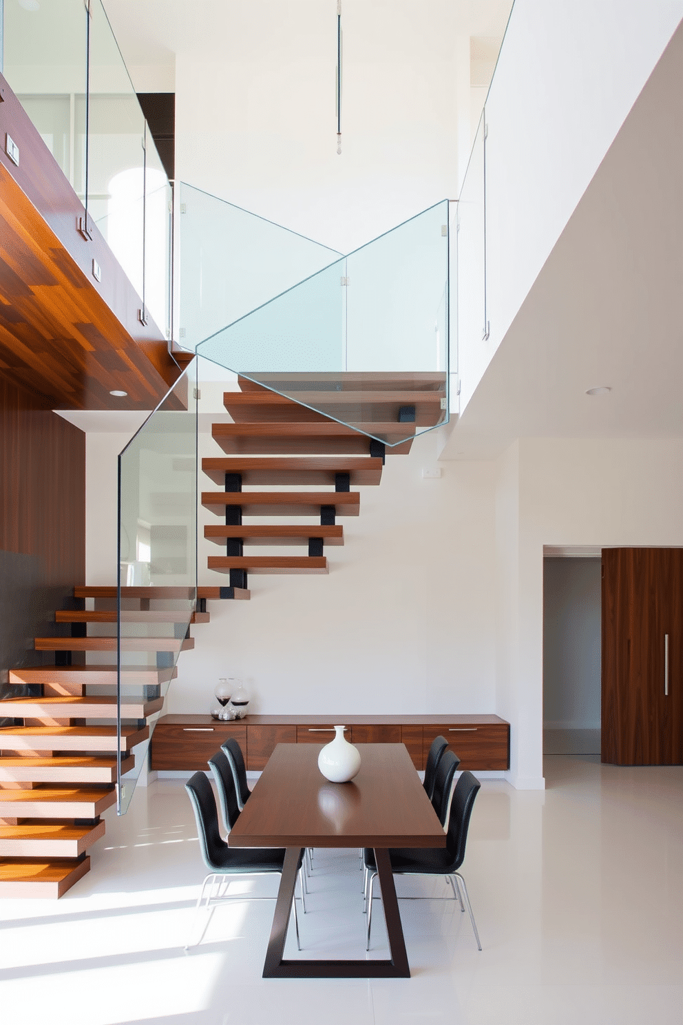 A stunning floating staircase with a sleek glass railing gracefully ascends to the upper level, creating an open and airy feel in the space. The treads are made of rich, dark wood, contrasting beautifully with the minimalist glass panels that provide safety without obstructing the view. In the dining room, the staircase serves as a striking focal point, seamlessly blending modern elegance with functionality. Surrounding the area, a stylish dining table is set for six, complemented by contemporary chairs that enhance the overall aesthetic of the room.