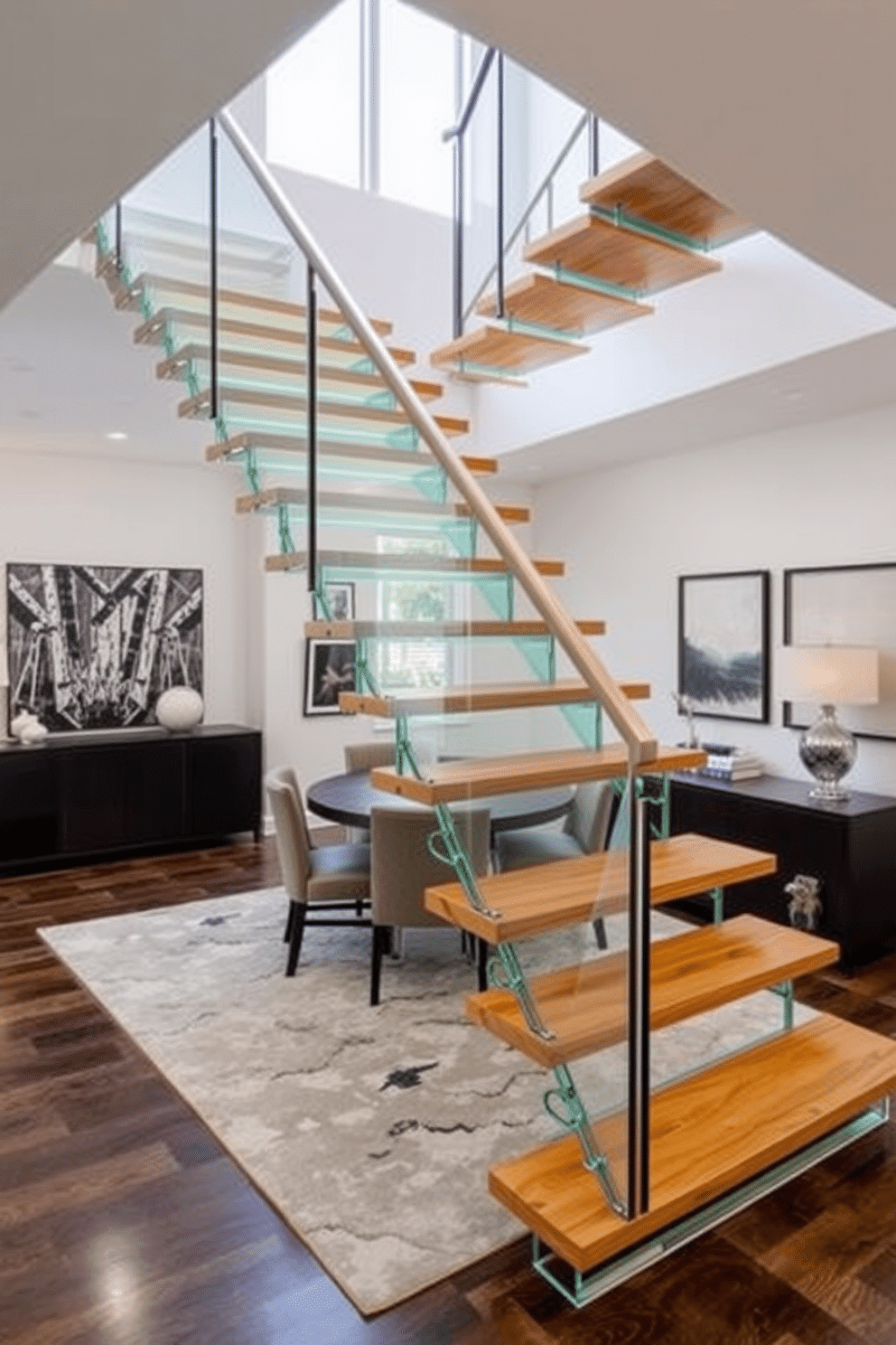 A striking geometric staircase with unique treads cascades elegantly through the dining room, creating a bold architectural statement. The treads are crafted from a mix of polished wood and glass, allowing light to filter through and enhance the surrounding decor. The staircase features a sleek, modern railing that complements the overall design aesthetic of the dining area. Below, a stylish area rug anchors the space, while contemporary artwork adorns the walls, adding visual interest and depth to the room.