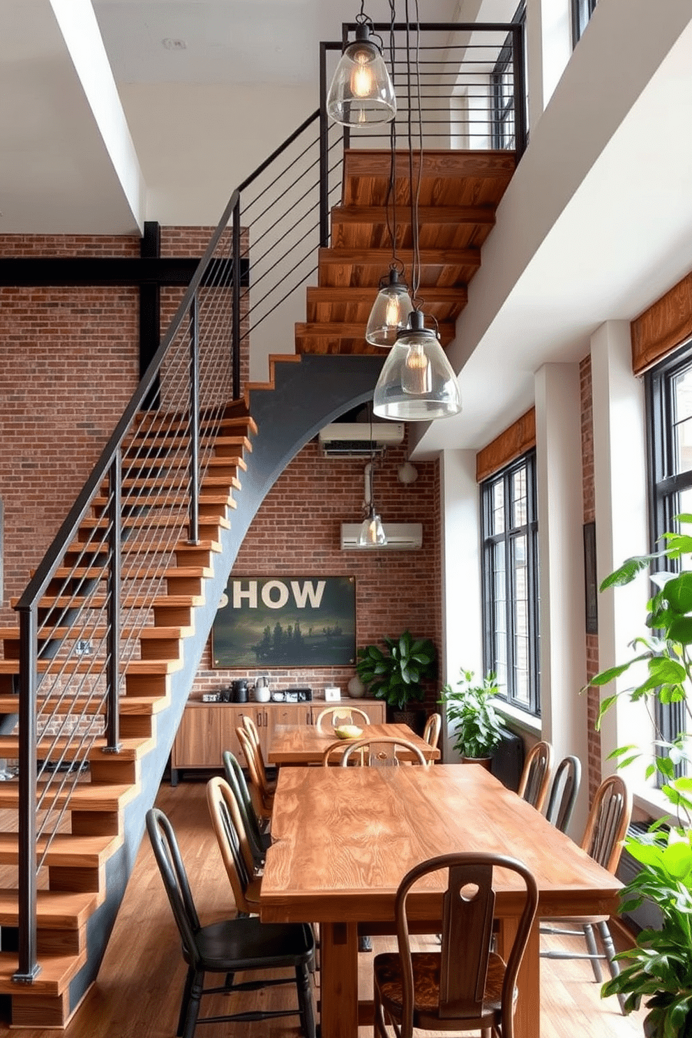 A striking industrial staircase features reclaimed wood treads that contrast beautifully with a sleek metal railing. The staircase is illuminated by pendant lights that hang from a high ceiling, creating an inviting focal point in the dining room. In the dining room, a large wooden table is surrounded by mismatched chairs, adding a touch of eclectic charm. Exposed brick walls and large windows enhance the industrial vibe, while greenery in the corners softens the space.