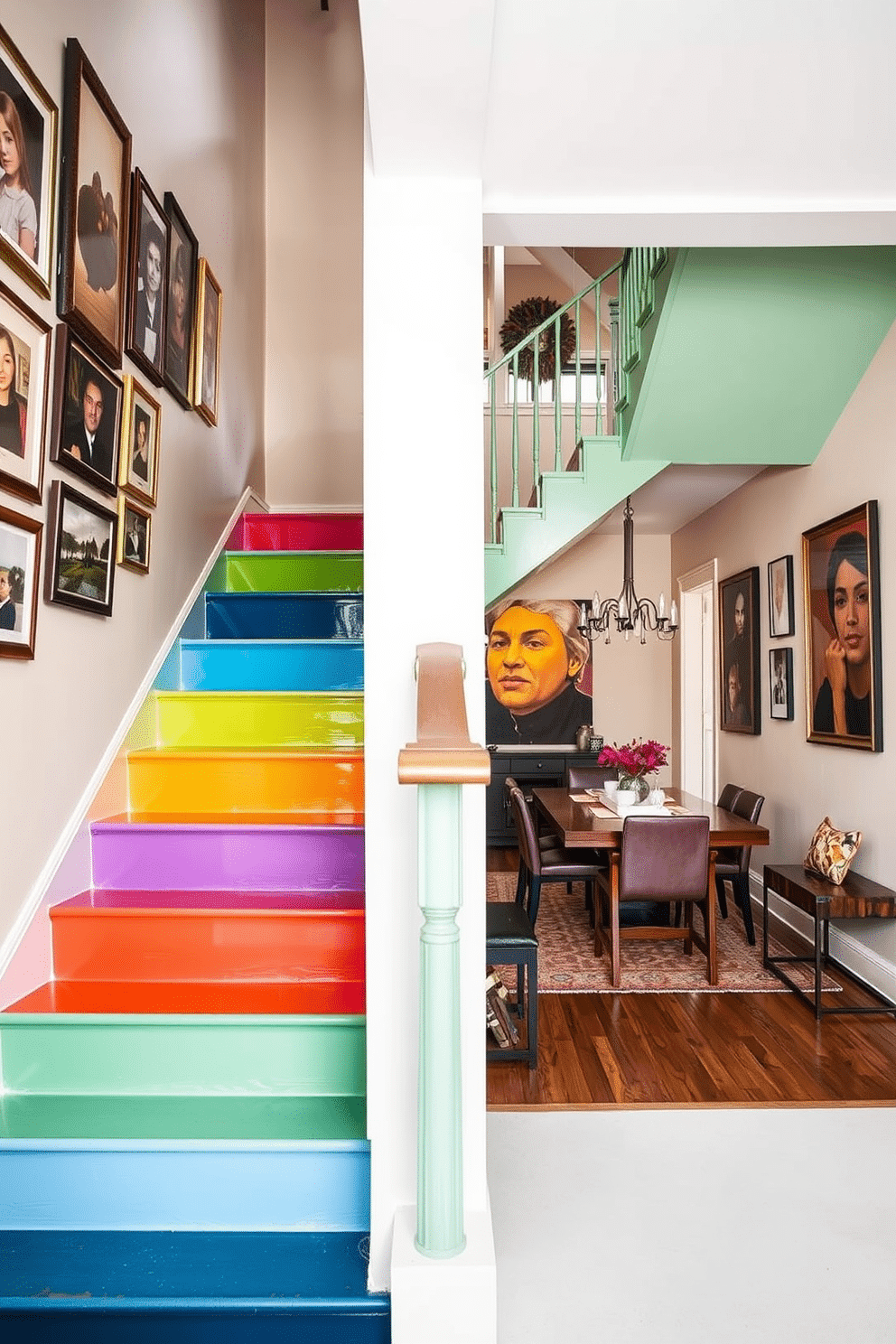 A brightly painted staircase features a vibrant color palette, with each step showcasing a different hue that adds a playful touch to the space. Along the walls, an eclectic art display includes framed paintings and photographs, creating a gallery-like atmosphere that invites admiration. In the dining room, the staircase serves as a striking focal point, seamlessly integrating with the overall design. The dining area is adorned with a contemporary table and chairs, complemented by a stylish chandelier that enhances the inviting ambiance.