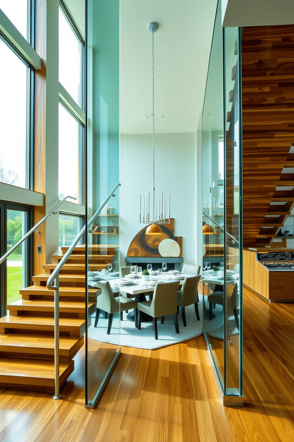 A modern staircase with a sleek glass wall that enhances the sense of openness in the dining room. The stairs are crafted from rich hardwood, complemented by minimalist metal railings that seamlessly blend with the glass panels. The dining room features an elegant table set for six, surrounded by upholstered chairs that add a touch of comfort. Large windows allow natural light to flood the space, highlighting the warm tones of the wooden staircase and the contemporary decor.