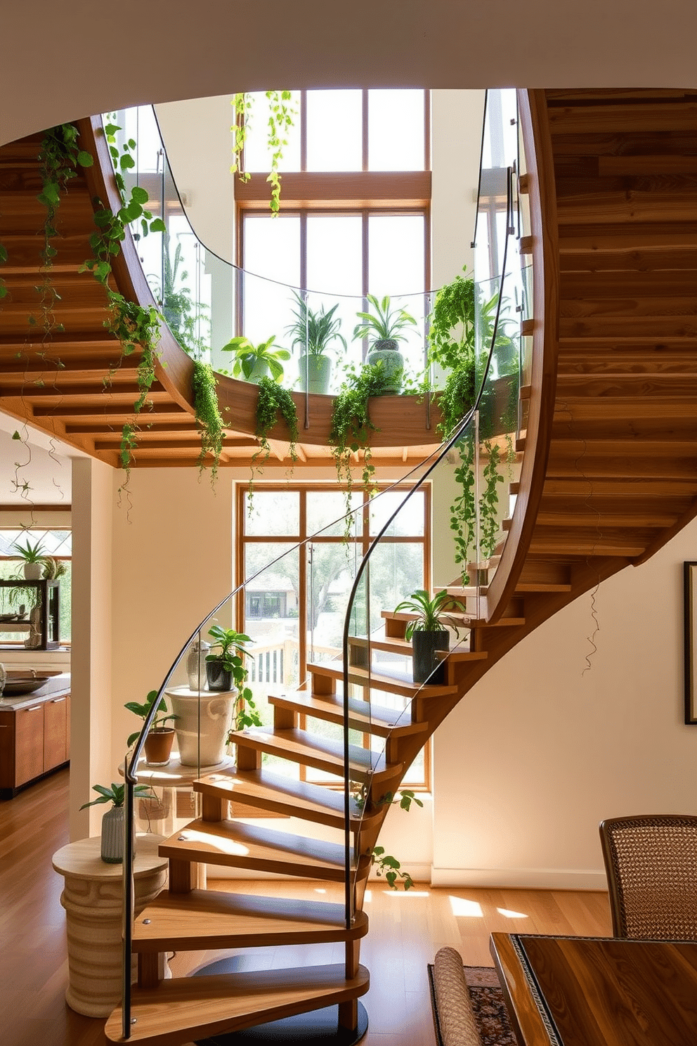 A stunning multi-level staircase elegantly winds through the dining room, featuring lush green plants integrated into the design. The wooden steps are complemented by a glass railing, allowing natural light to filter through and illuminate the space. In the dining room, the staircase acts as a focal point, adorned with cascading vines and potted plants on each landing. The walls are painted in a soft cream color, enhancing the warmth of the wooden elements and creating a harmonious atmosphere for dining and entertaining.