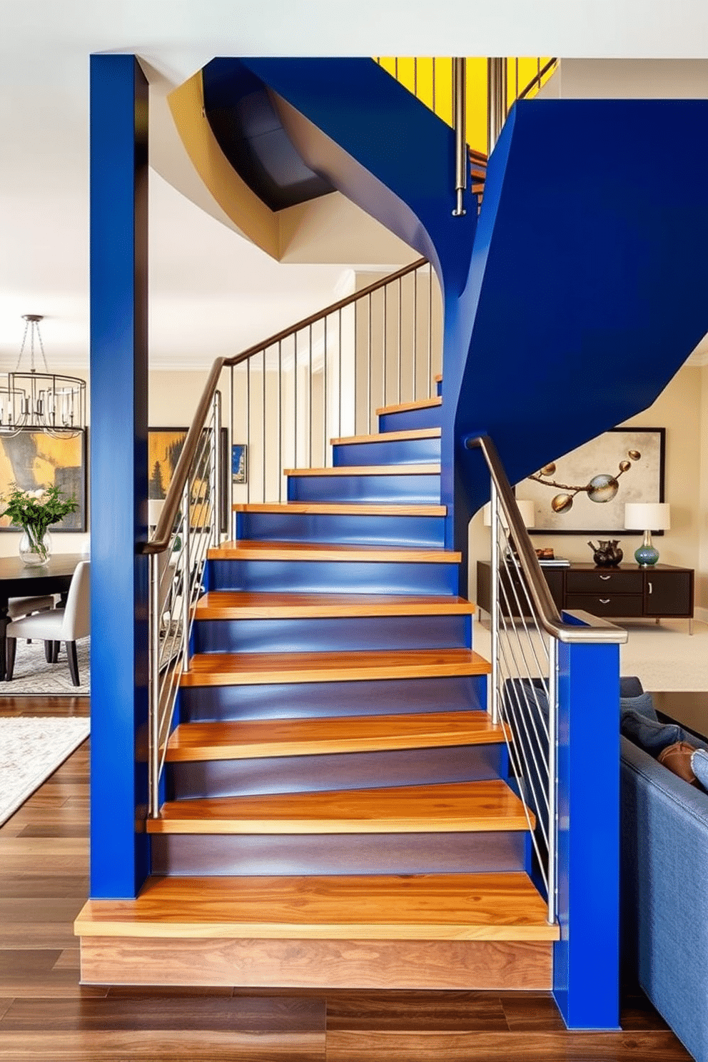 A contemporary staircase design featuring a bold color scheme. The staircase is adorned with a striking combination of deep blue and bright yellow, creating a vibrant focal point in the dining room. The steps are made of sleek, polished wood, while the railing is a modern metal design. Surrounding the staircase, the dining room is decorated with minimalist furniture, enhancing the staircase's dramatic effect.