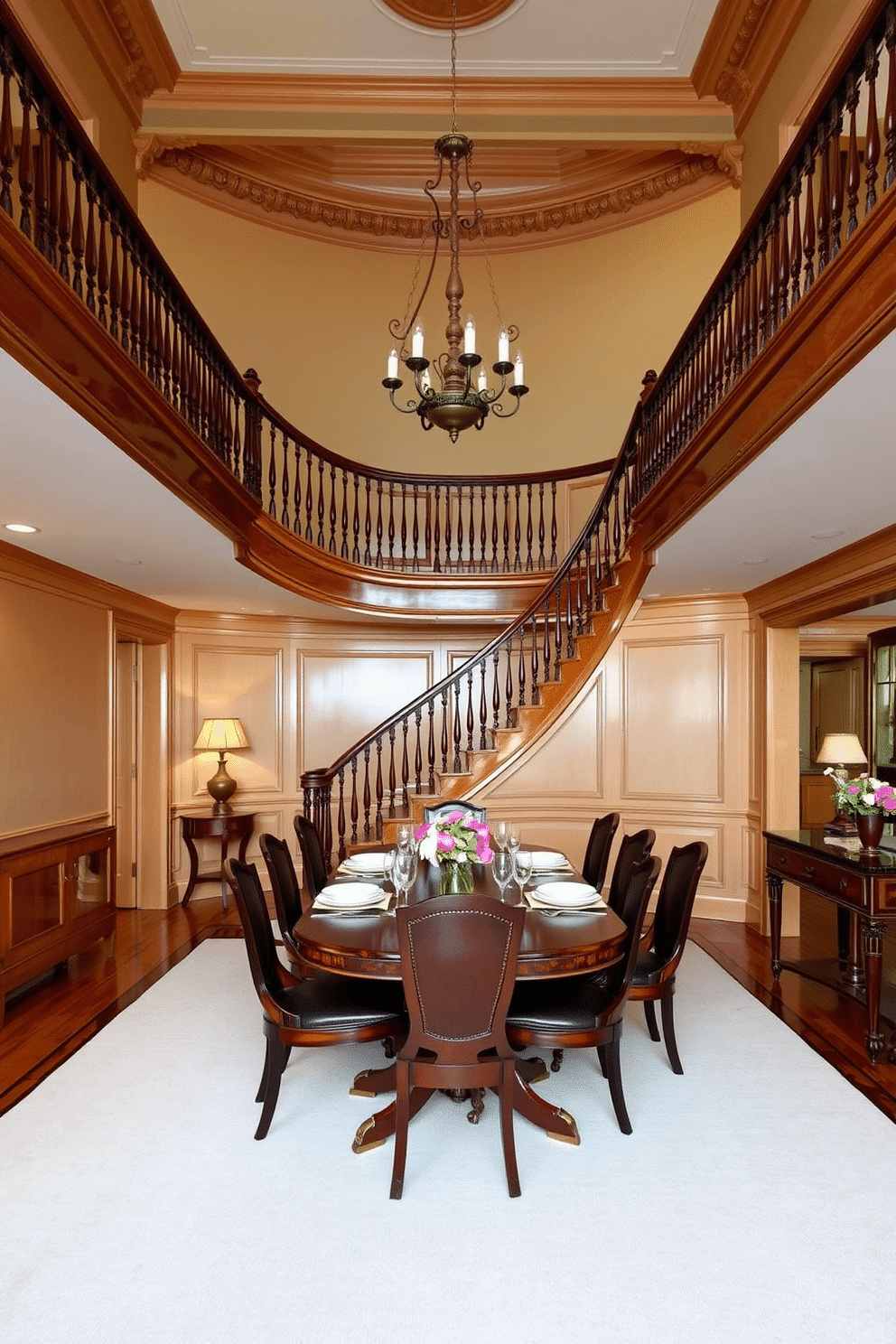 A grand traditional staircase with detailed moldings gracefully curves upwards, showcasing intricate woodwork and a polished banister. The walls are adorned with classic wainscoting, and a vintage chandelier hangs above, casting a warm glow over the elegant space. At the base of the staircase, a beautifully arranged dining room features a large wooden table set for an intimate gathering. Elegant chairs surround the table, and a tasteful centerpiece of fresh flowers adds a touch of color to the sophisticated ambiance.