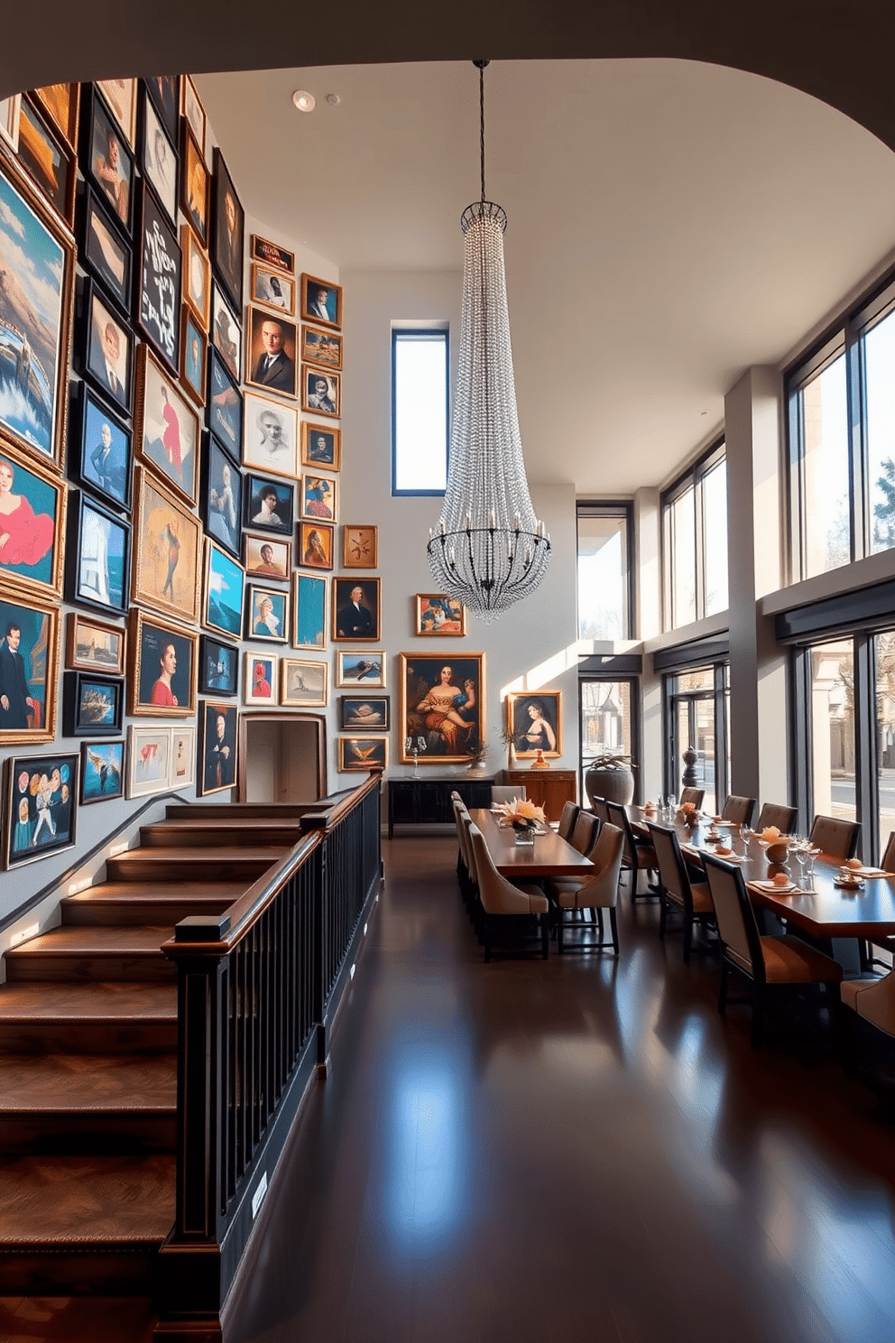 A grand staircase adorned with a gallery wall showcasing an eclectic mix of artwork, ranging from modern abstract pieces to classic portraits. The staircase features a sleek wooden handrail and is illuminated by soft, ambient lighting that highlights the vibrant colors of the artwork. The dining room is elegantly designed with a long, polished wooden table surrounded by plush upholstered chairs. Large windows allow natural light to flood the space, accentuating the tasteful decor and a stunning chandelier that hangs above the table.