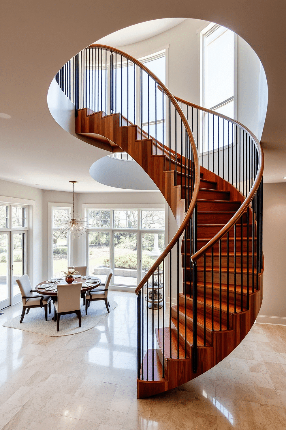 A stunning spiral staircase with rich wooden accents spirals elegantly from the ground floor to the upper level. The staircase features a sleek metal railing that complements the warm tones of the wood, creating a harmonious blend of modern and traditional design. In the dining room, the staircase acts as a focal point, enhancing the open space with its graceful curves. Surrounding the staircase, a stylish dining table is set with elegant tableware, while large windows allow natural light to flood the room, accentuating the beauty of the design.