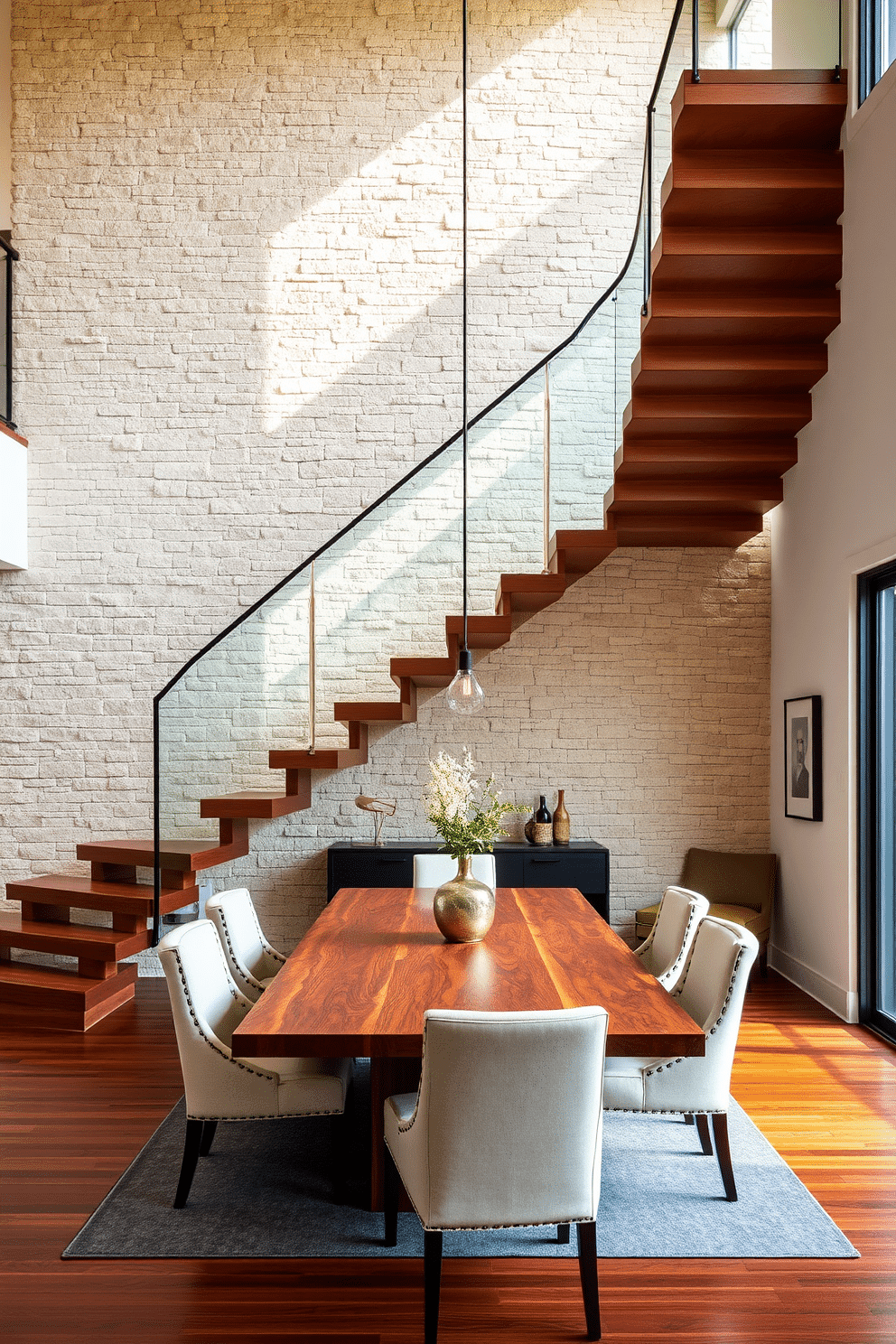 A stunning floating staircase ascends gracefully against a textured stone wall backdrop, creating a striking focal point in the space. The steps are crafted from rich hardwood, seamlessly blending with the modern aesthetic of the room. In the dining room, a contemporary design unfolds with an elegant dining table made of reclaimed wood, surrounded by plush upholstered chairs. Large windows bathe the area in natural light, highlighting the artwork adorning the walls and the carefully selected decor that enhances the inviting atmosphere.