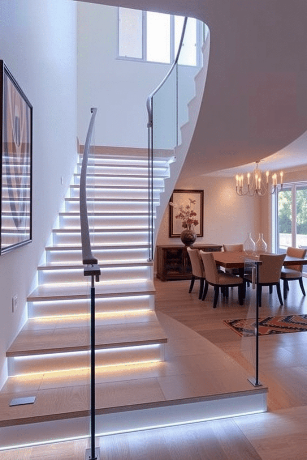 A modern staircase design featuring integrated LED lighting along the steps, creating a warm and inviting ambiance. The handrail is made of sleek glass, allowing light to flow freely, while the surrounding walls are adorned with contemporary artwork. In the dining room, the staircase serves as a stunning focal point, seamlessly blending functionality with aesthetics. The dining area features a large wooden table with elegant chairs, positioned to take advantage of the natural light streaming in from nearby windows.